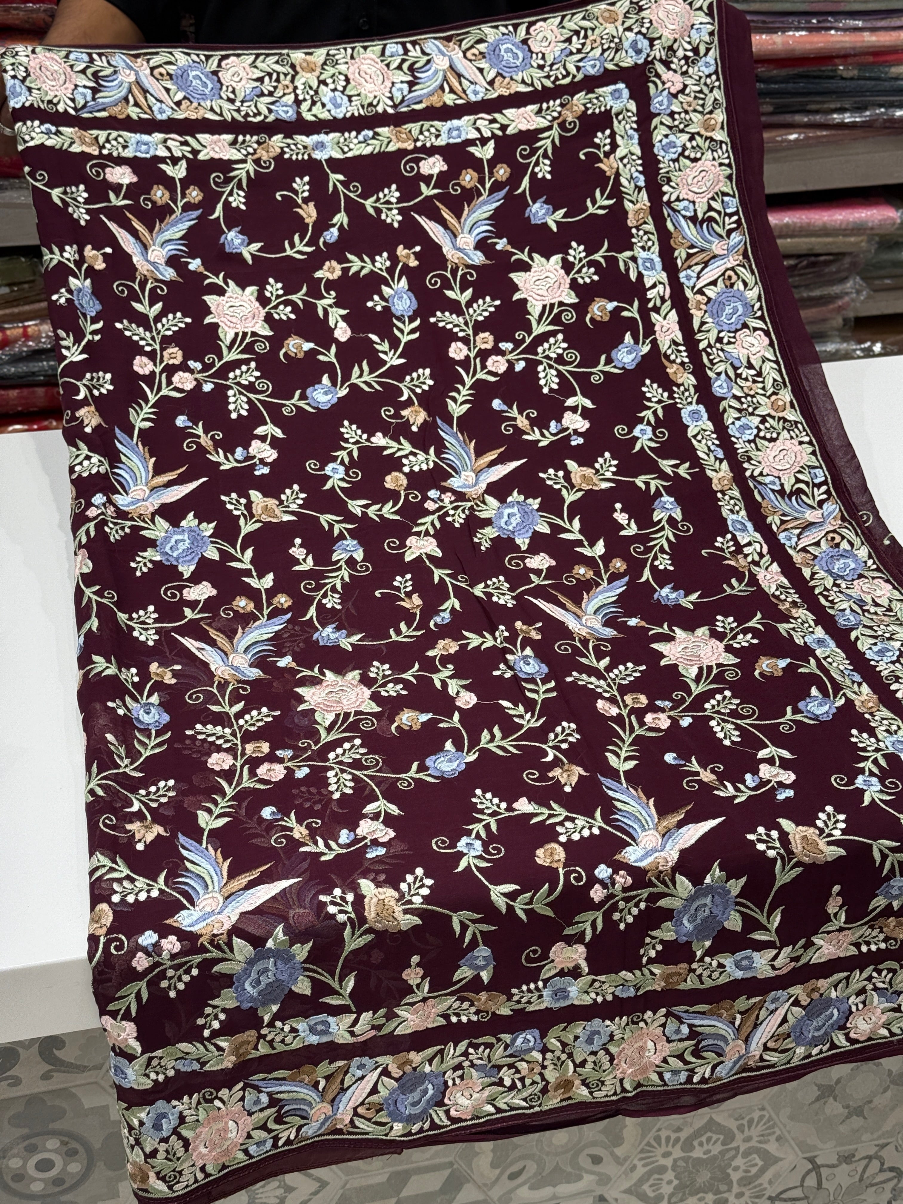 Wine Double Border Embroidery Parsi Gara Saree
