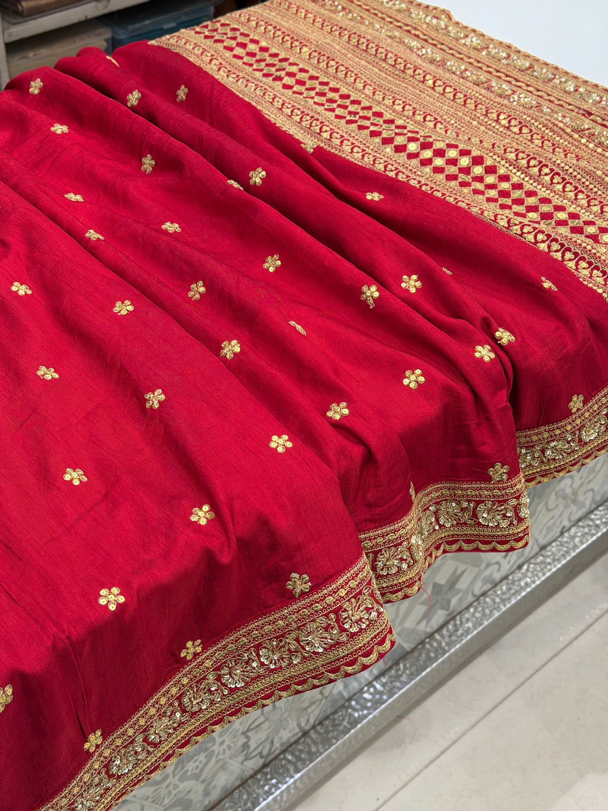 Red Heavy Pallu and Buttis Sabyasachi Inspired Marodi Embroidery Zardosi Saree
