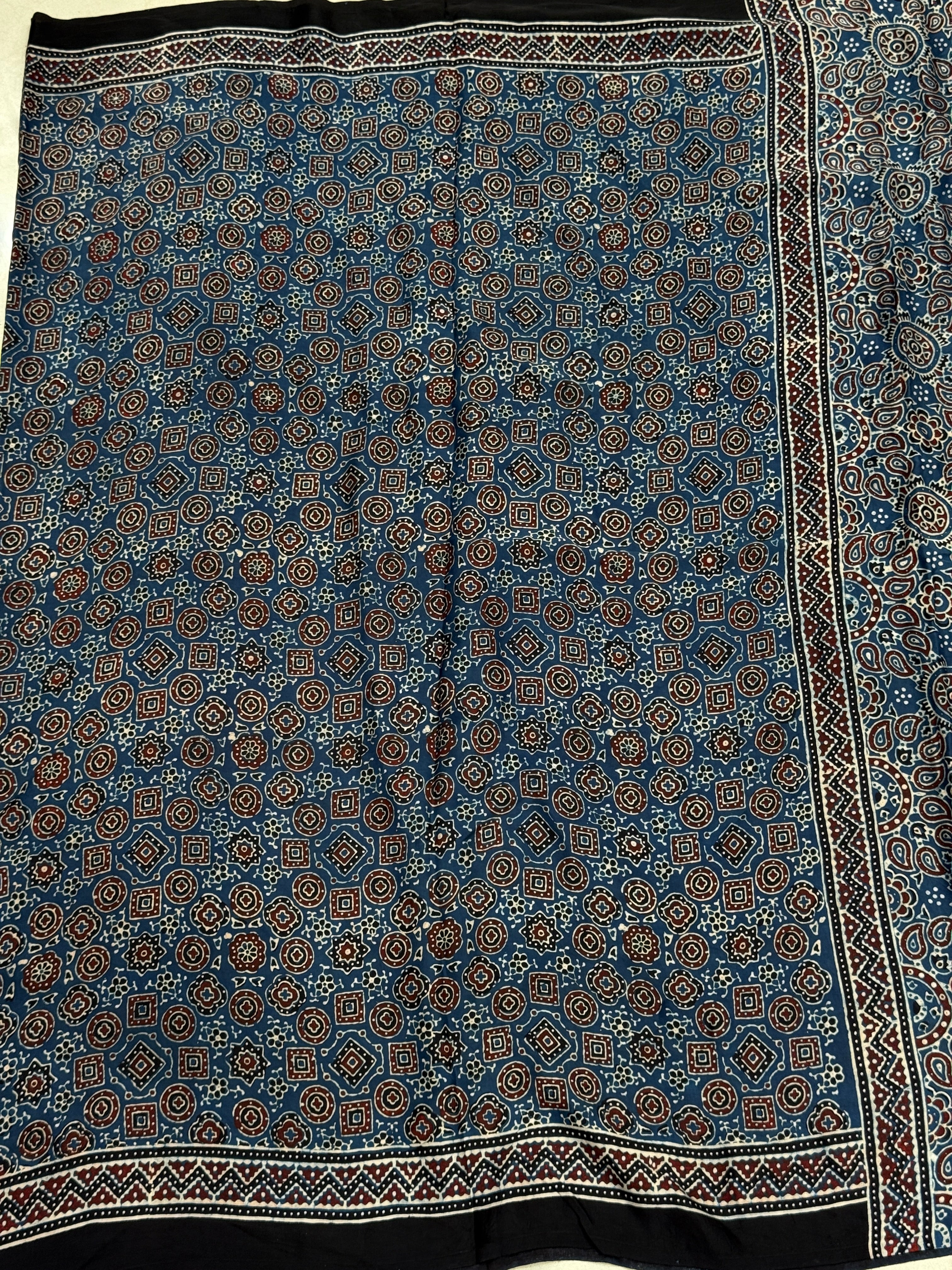 Blue Brown Ajrakh Hand Block Print Pure Gajji Silk Saree