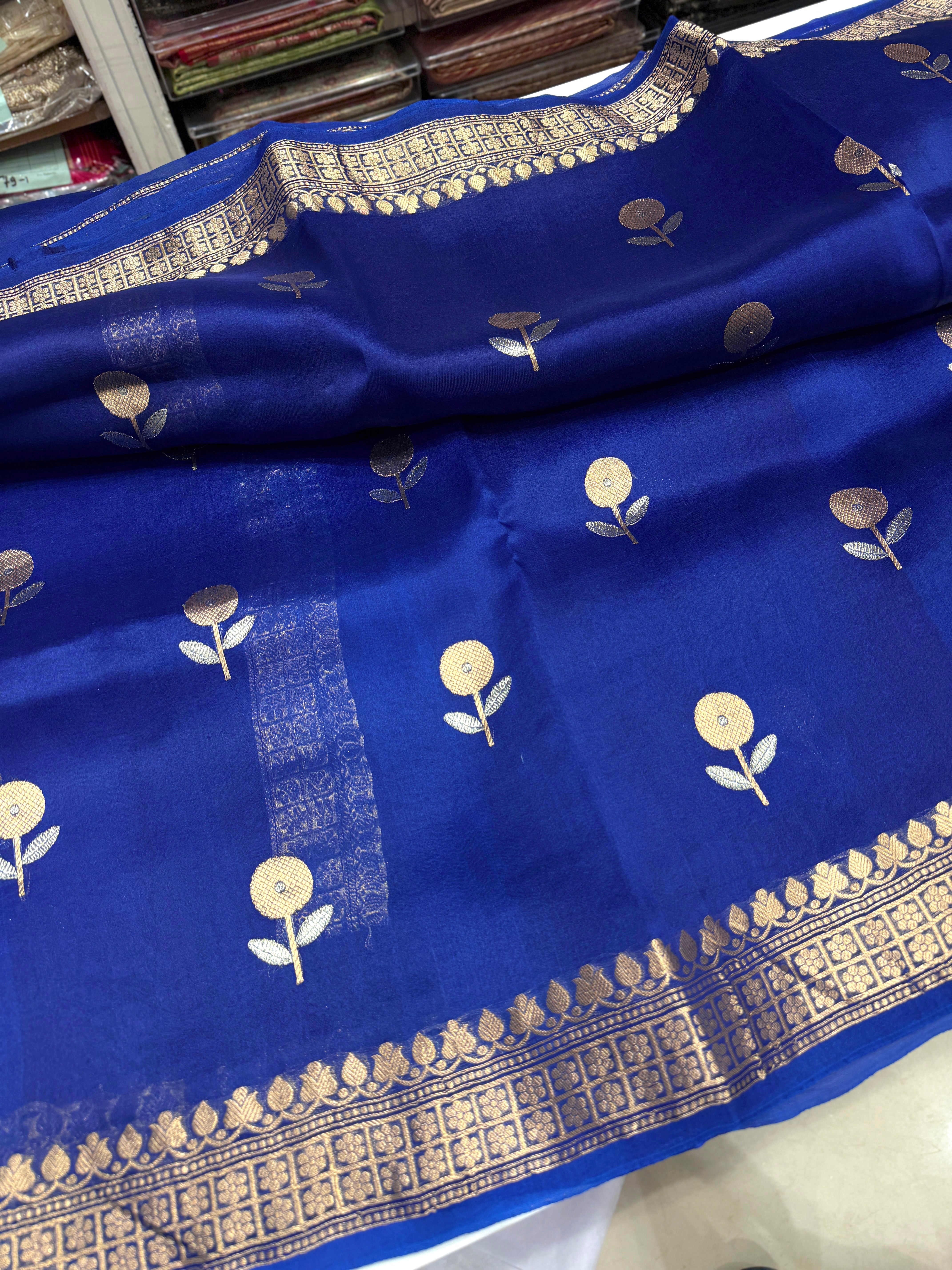 Blue Banarasi Handloom Kora Sona Roopa Butta Saree