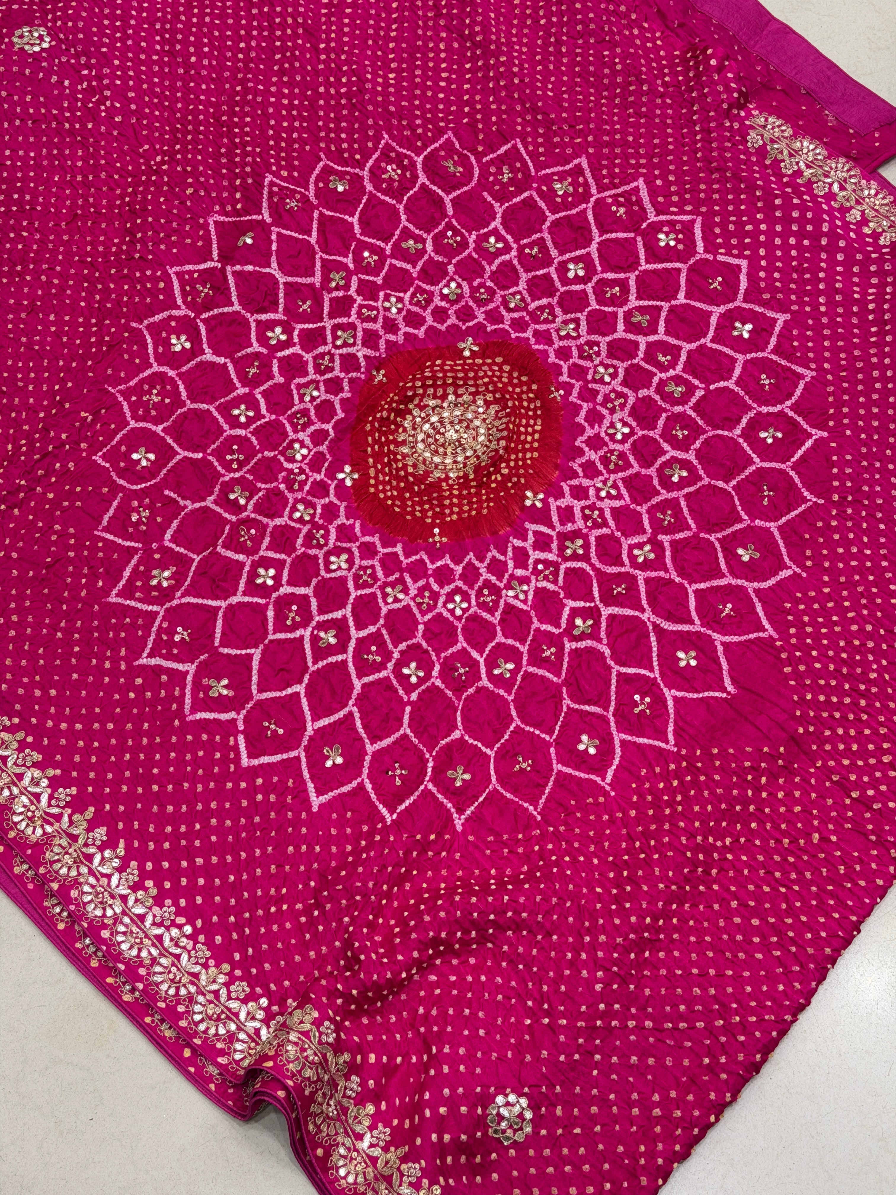 Rani Pink Gajji Silk Rai Bandhej Hand Done Gotapatti Saree