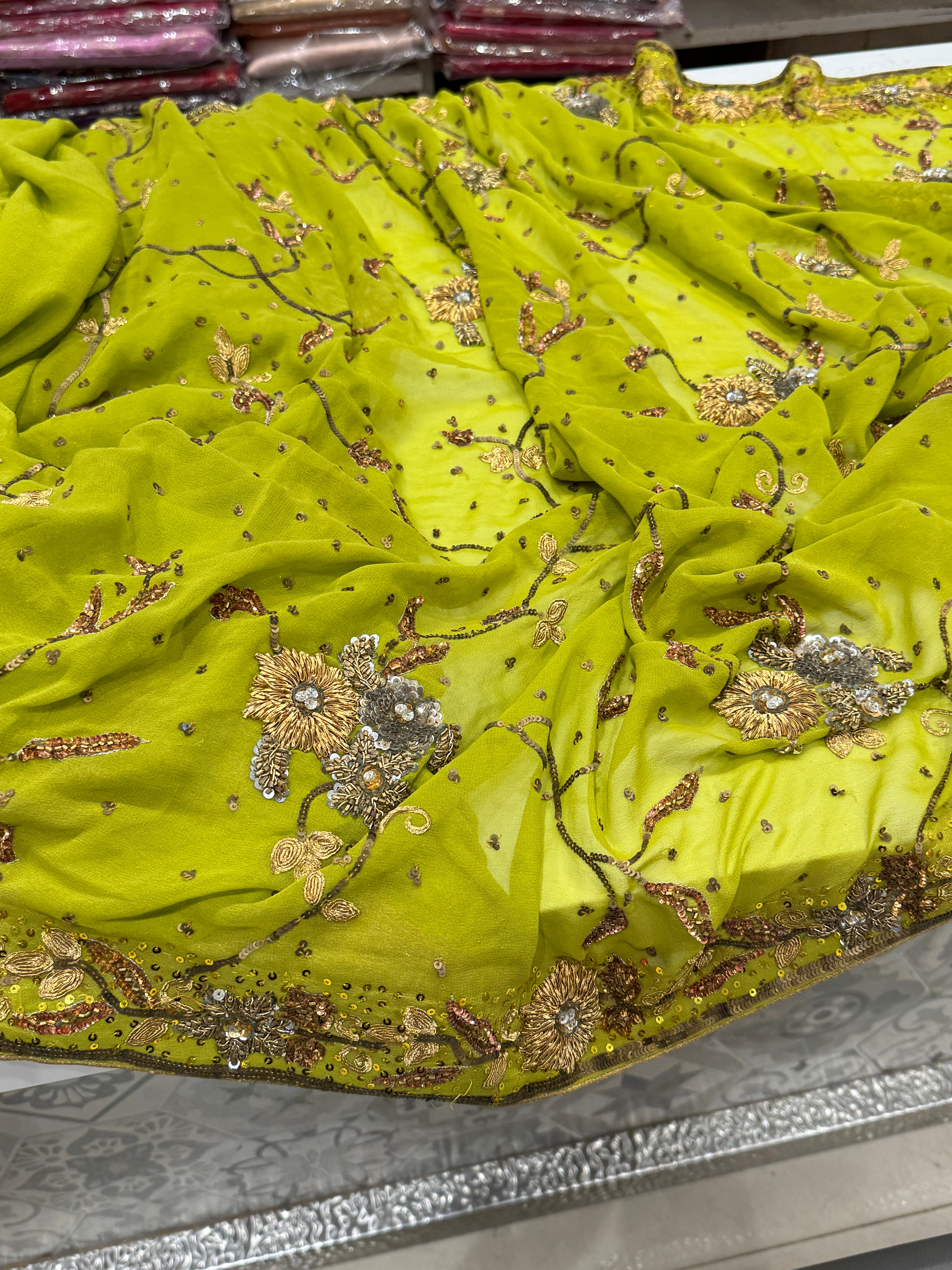 Green Georgette Antique Zardosi Hand Embroidery Saree