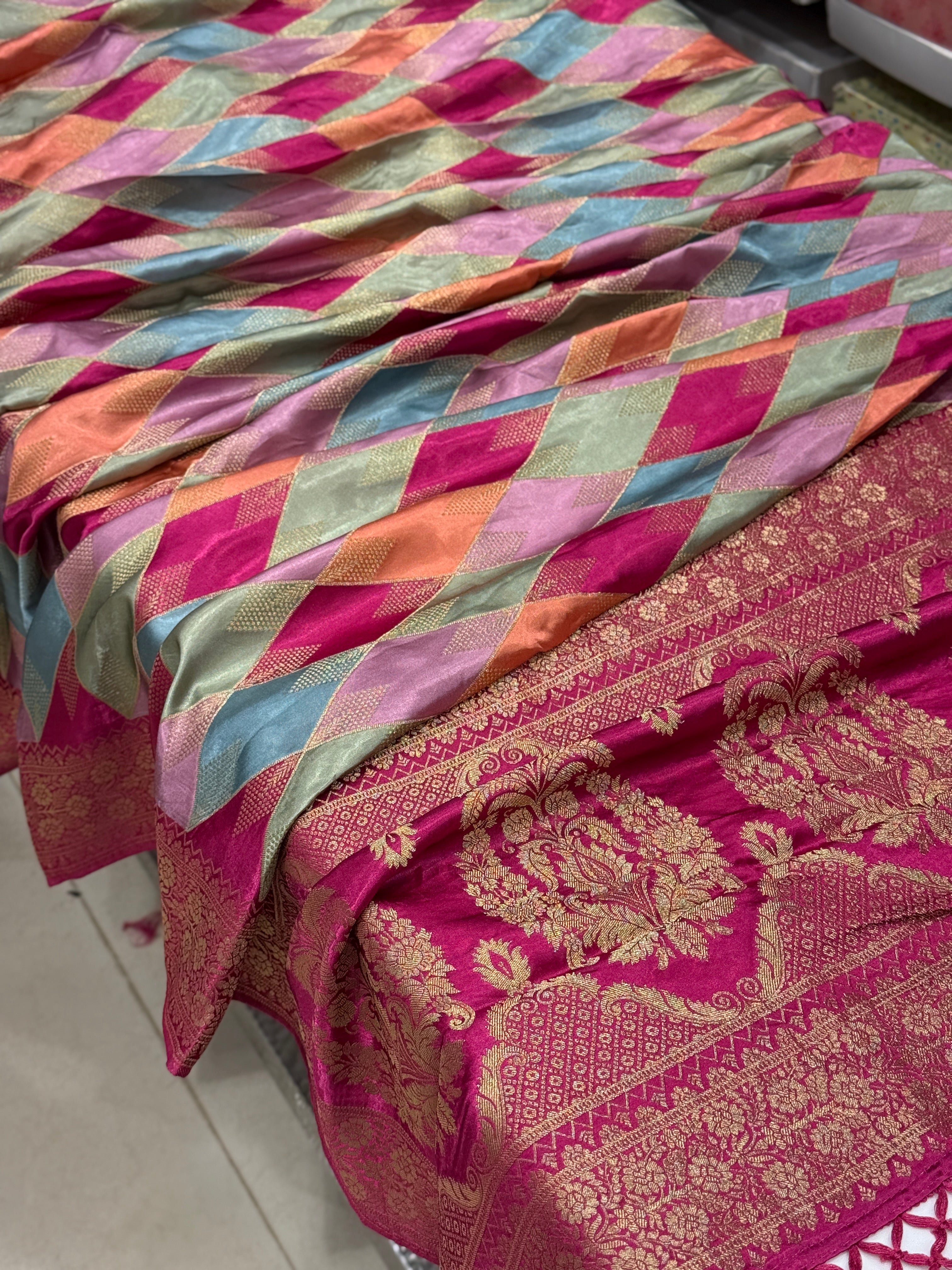 Raspberry Contemporary Kaju Katli Design Banarasi Modal Satin Rangkat Saree