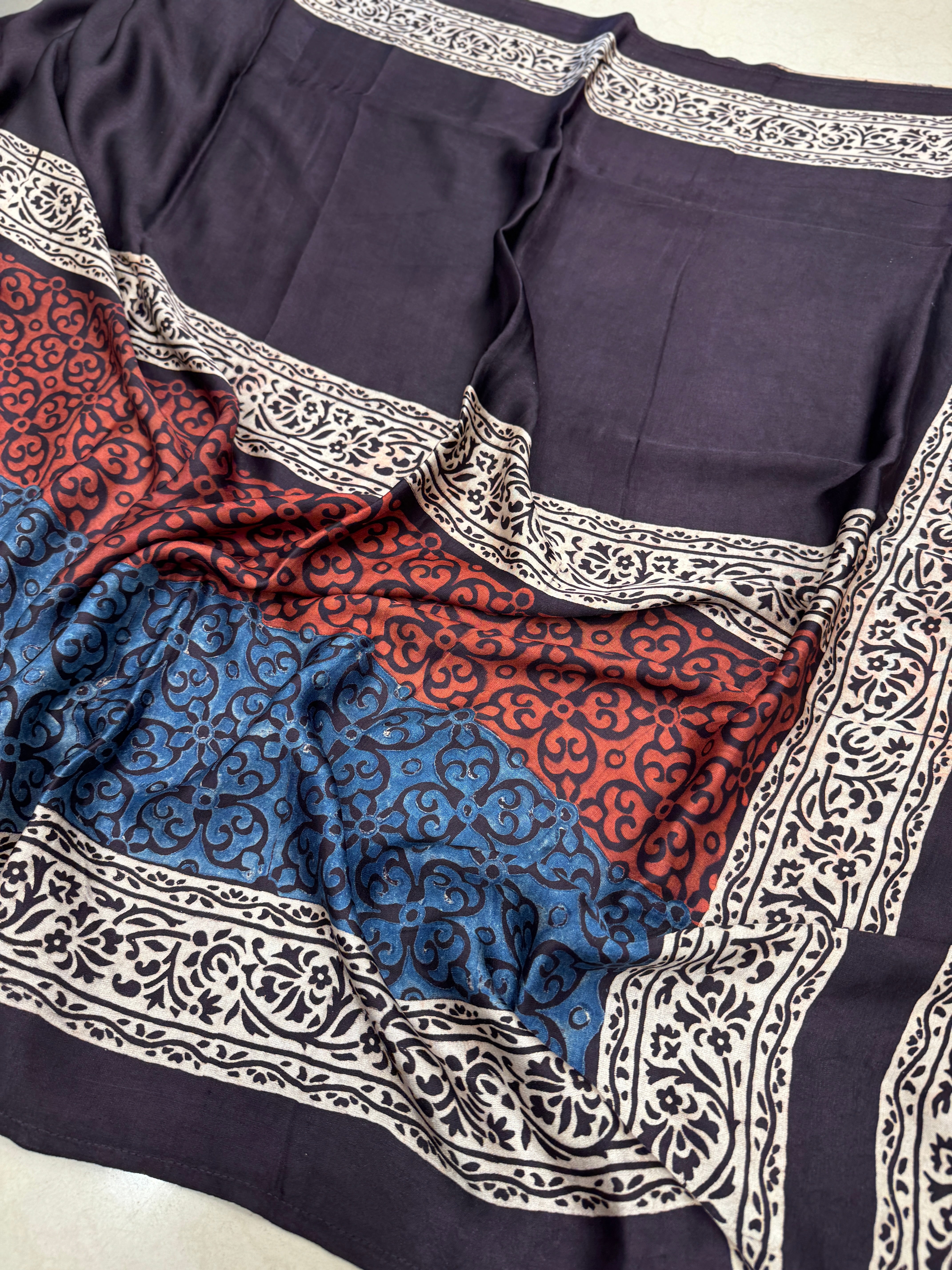 Black Multi Lagdi Patta Ajrakh Saree Modal Gajji Silk Hand Block Print