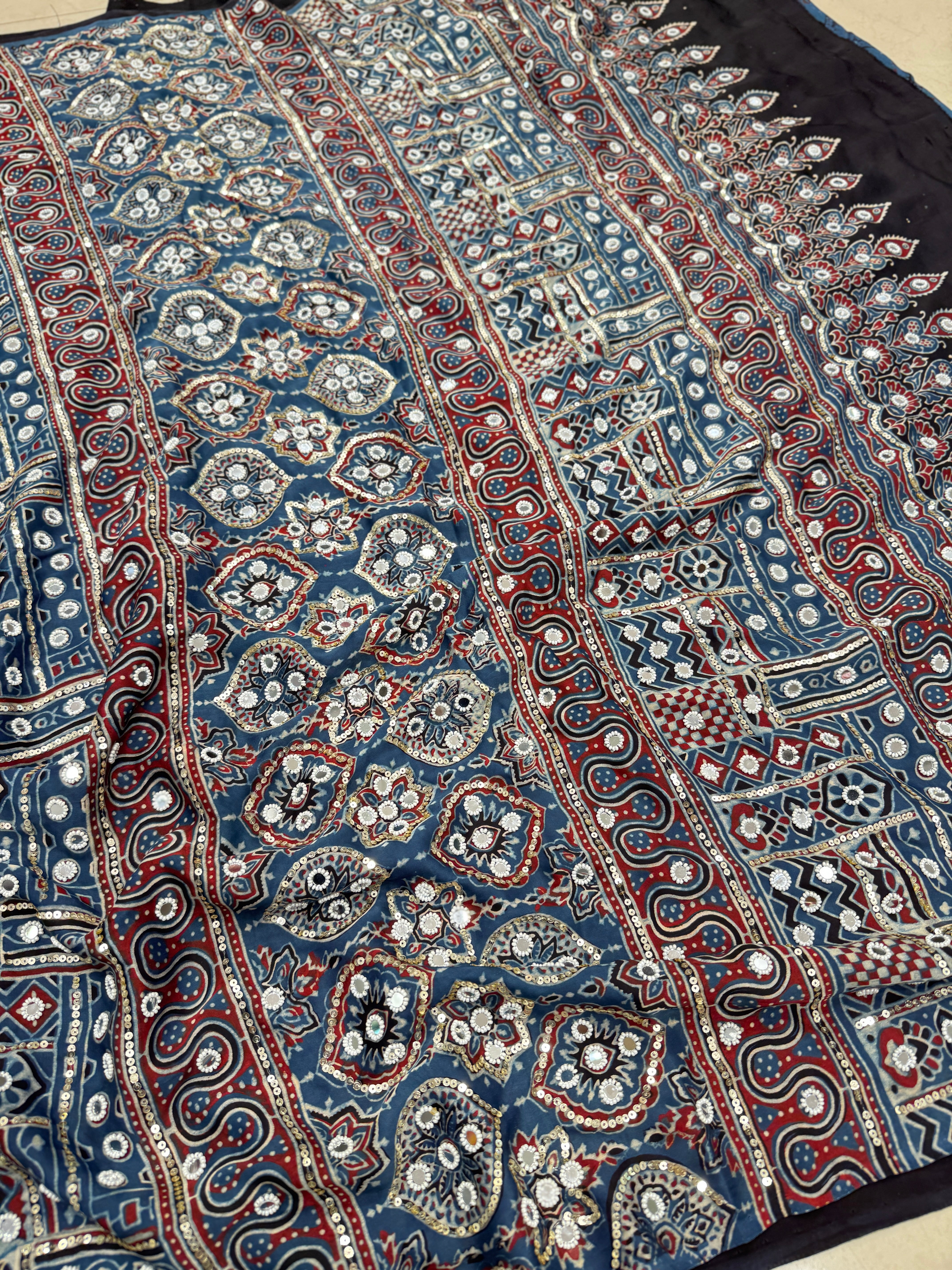 Blue Ajrakh Buttis Sequin Mirror Moti Hand Embroidery Saree