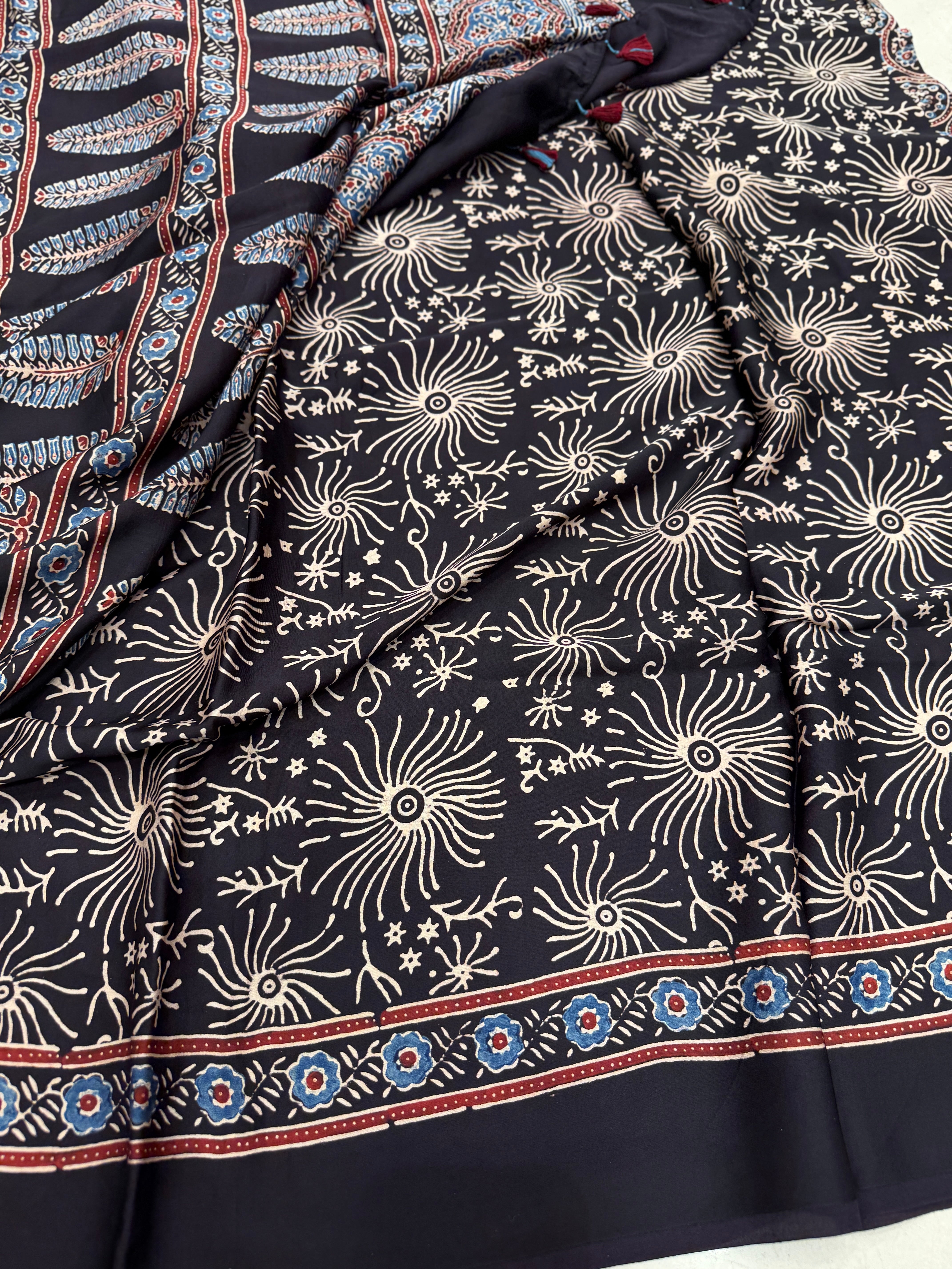 Black Coated Flower Butti Ajrakh Hand Block Print Pure Modal Silk Saree