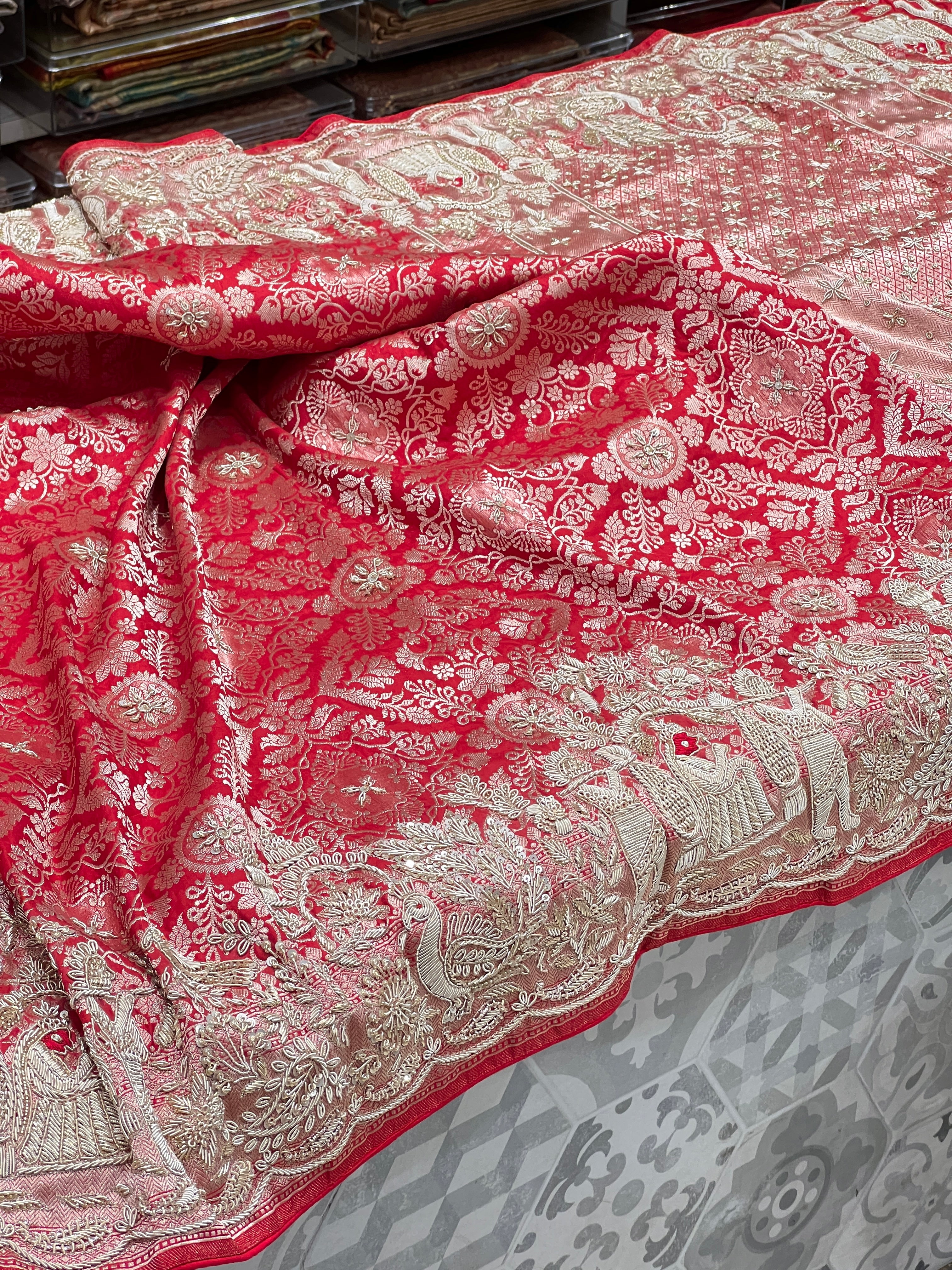 Red Banarasi Katan Doli Edit Zardosi Saree