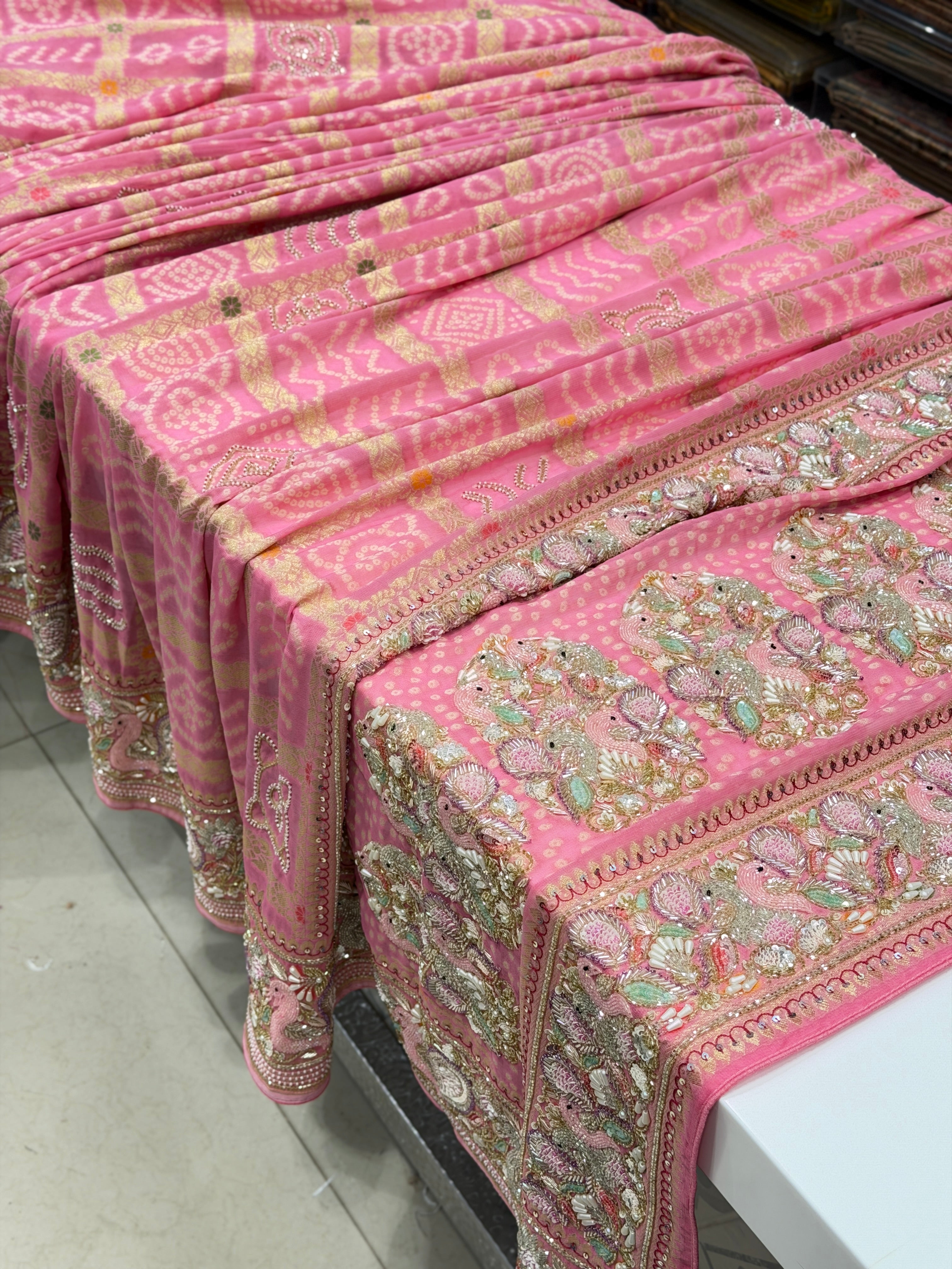 Pink Gharchola Moti Sequin Zardosi Hand Embroidery Georgette Saree