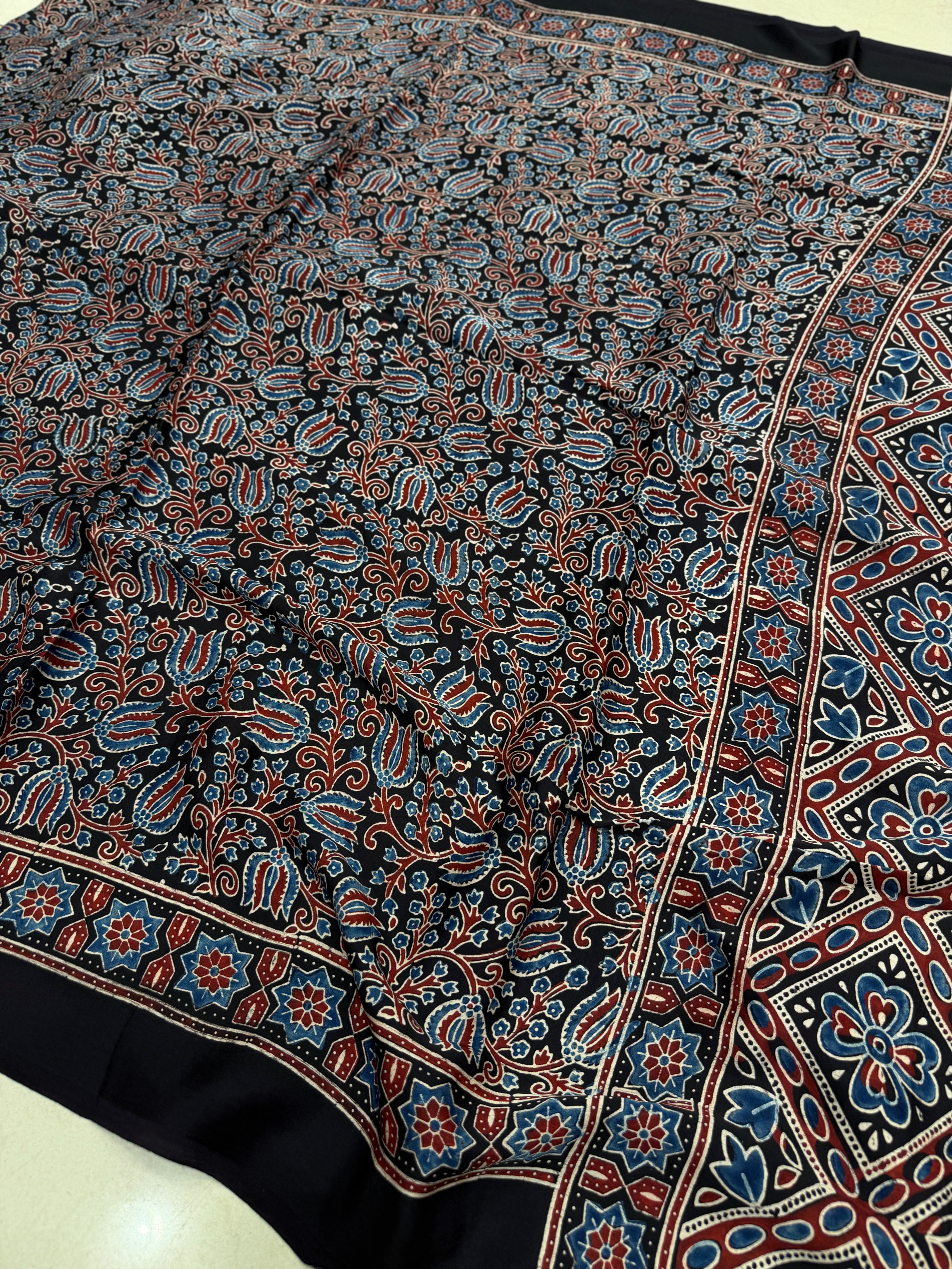 Black Floral Jaal Ajrakh Hand Block Print Pure Modal Silk Saree