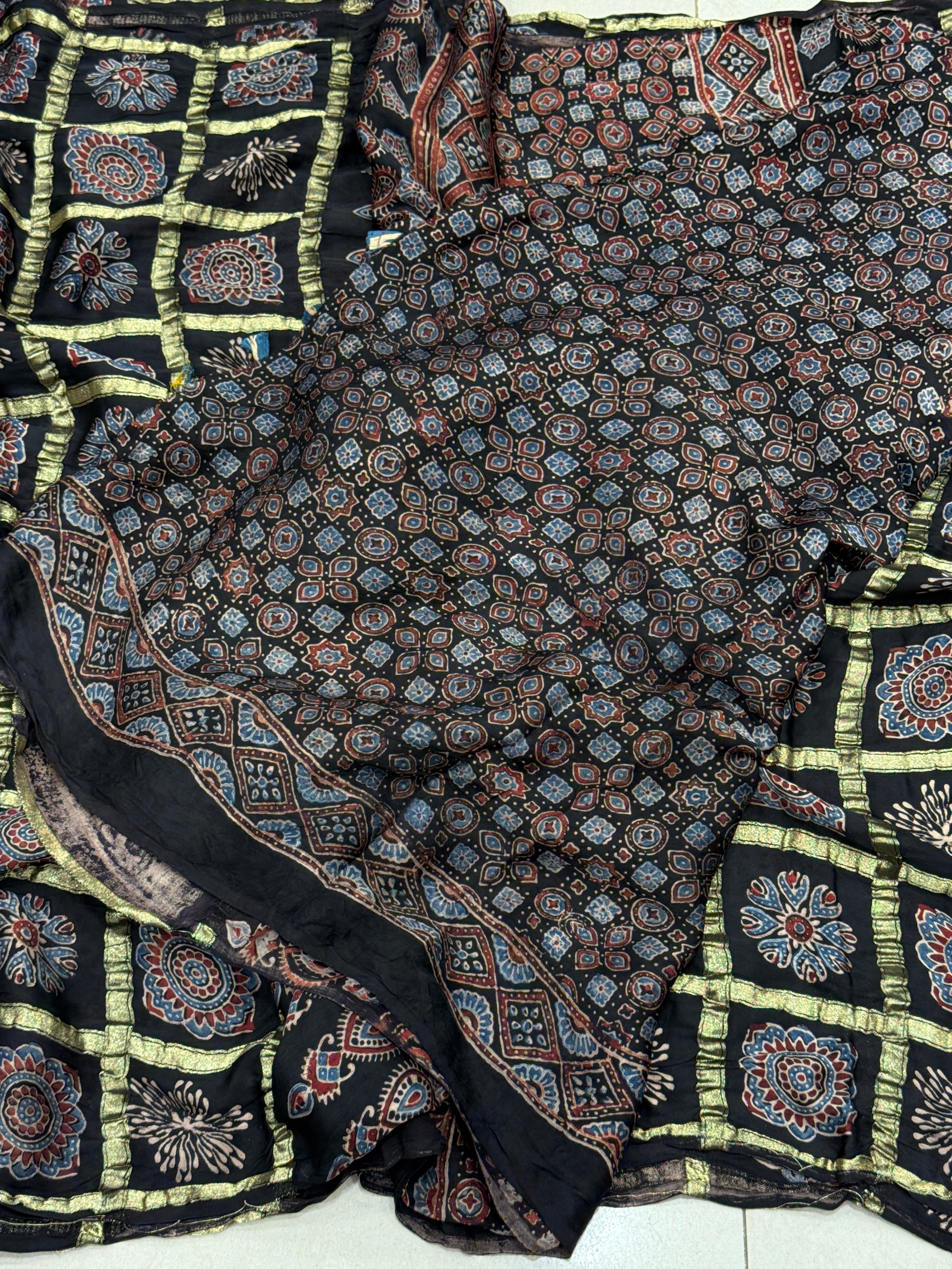 Black Ajrakh Lagdi Pata Gharchola Style Saree