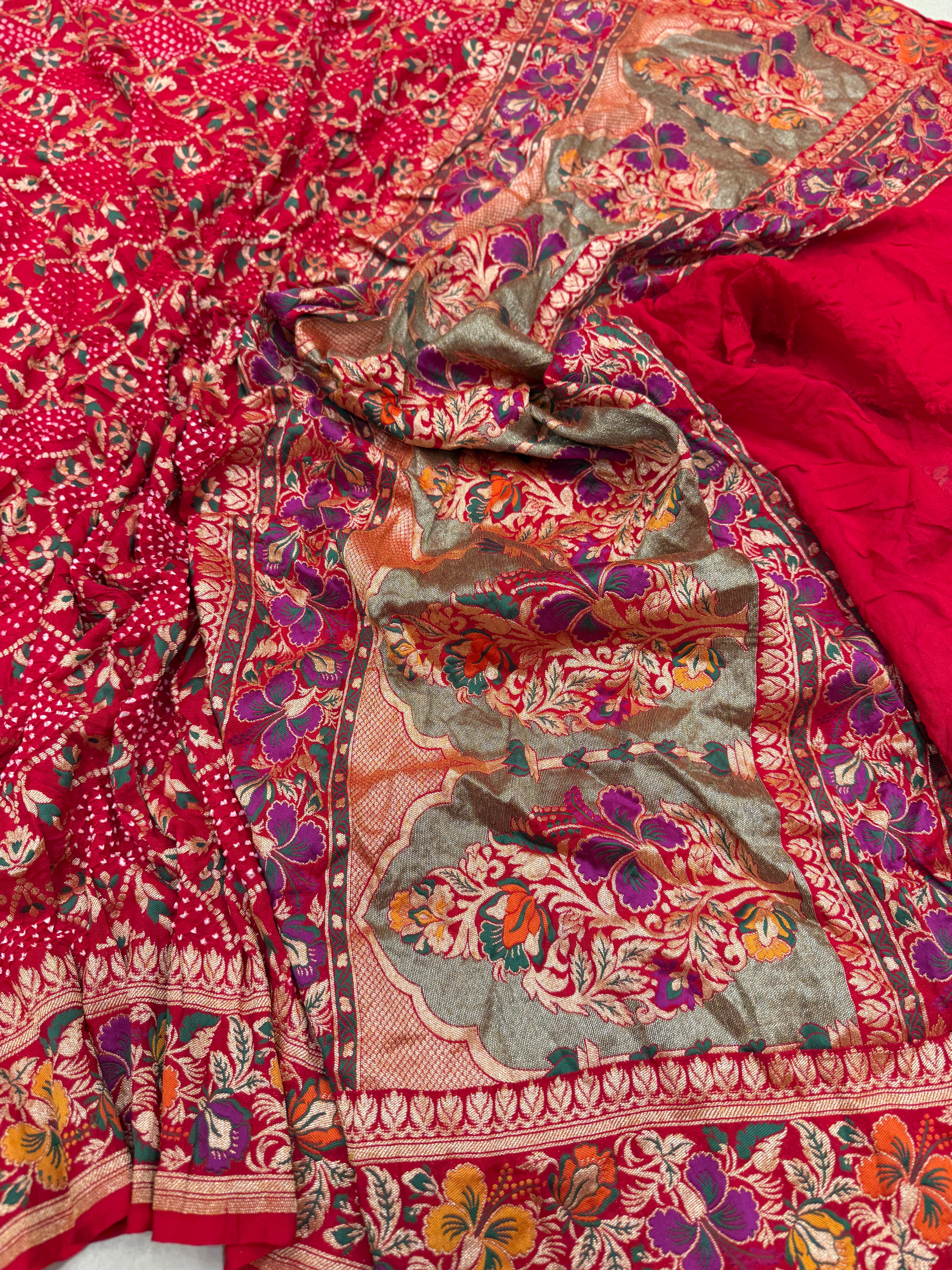 Red Meenakari Rai Bandhej Floral Border Saree