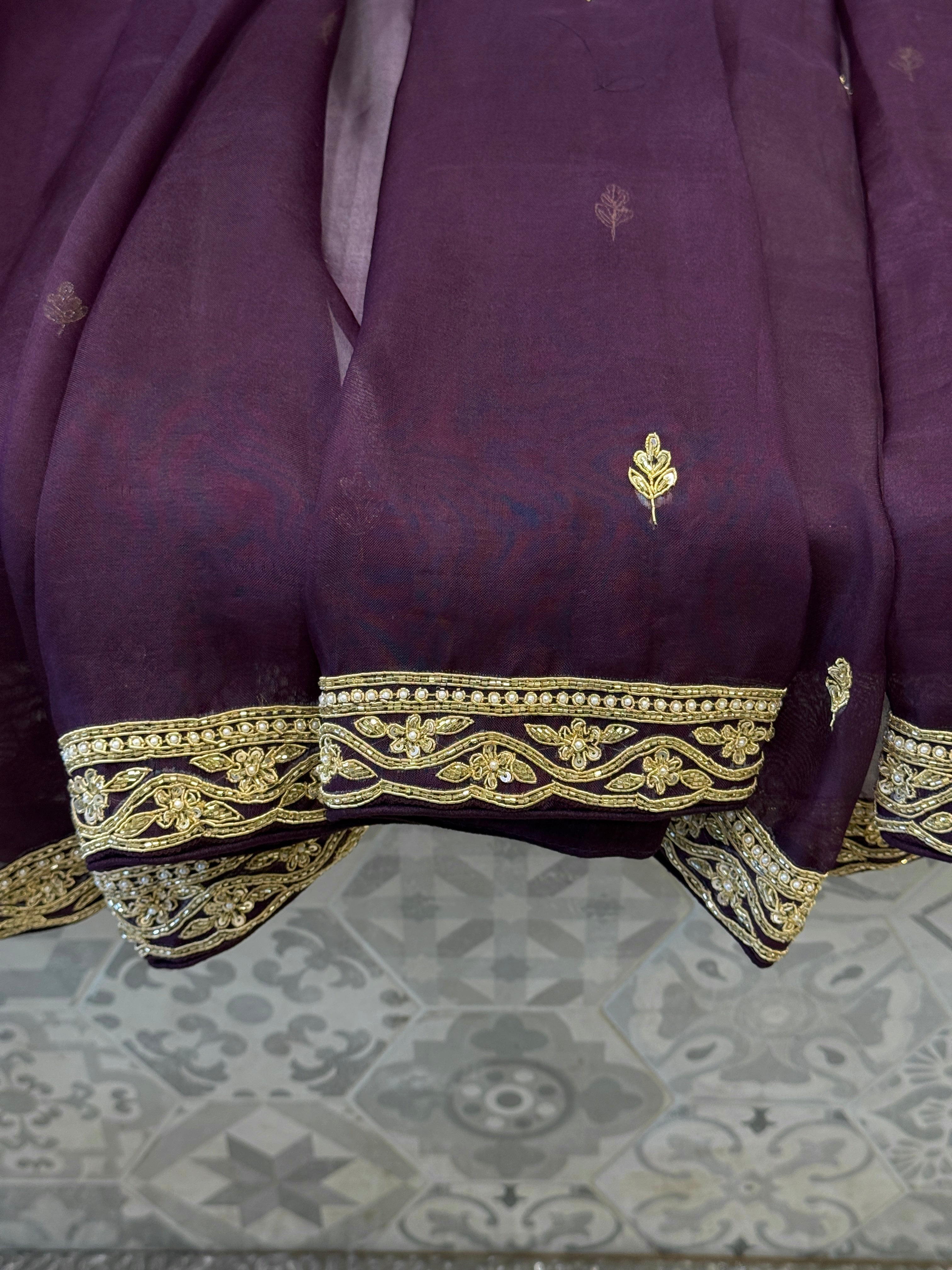 Dark Wine Organza Zardozi Hand Embroidery Saree