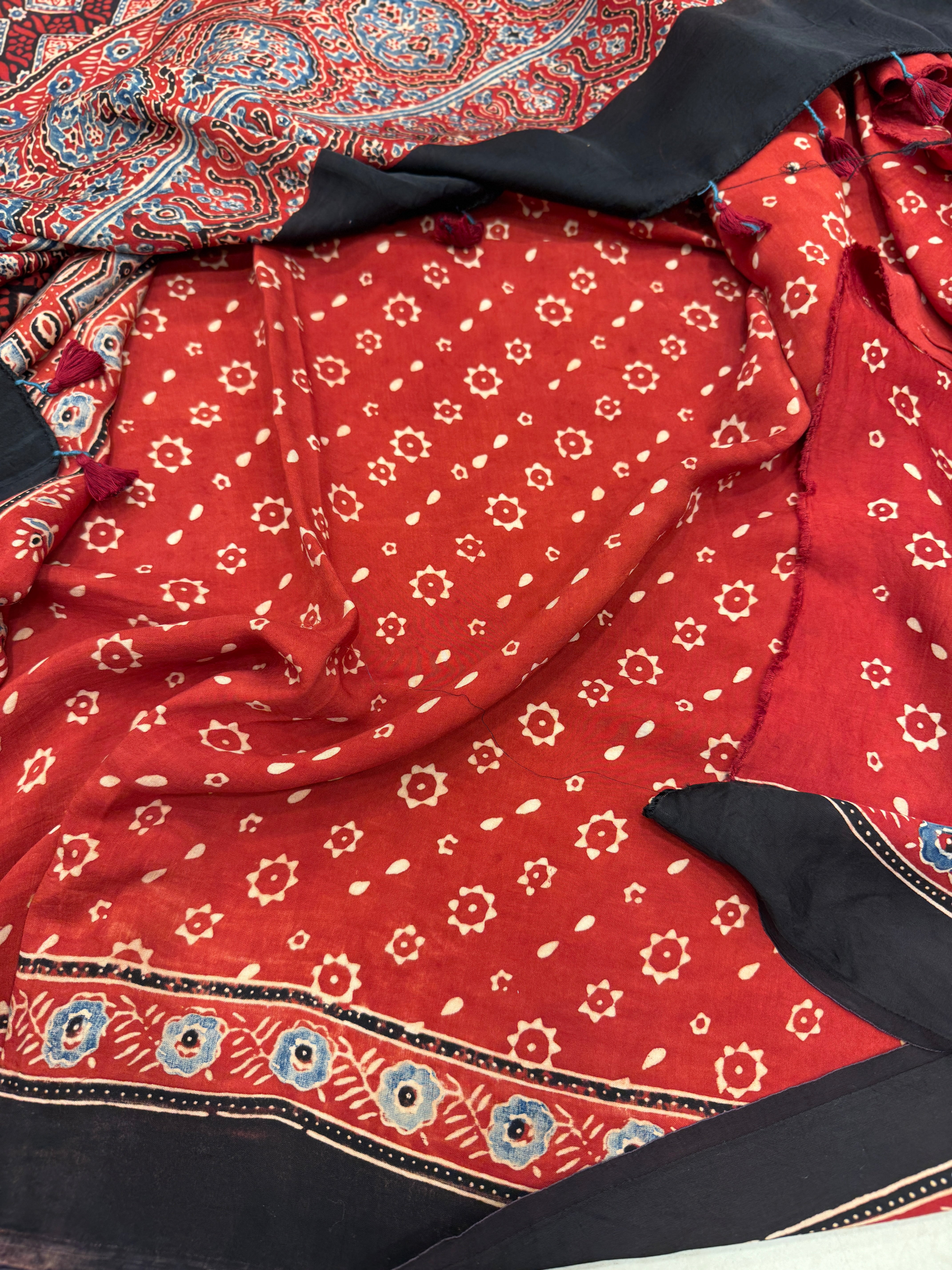 Red Buttis Ajrakh Saree Modal Gajji Silk Hand Block Print