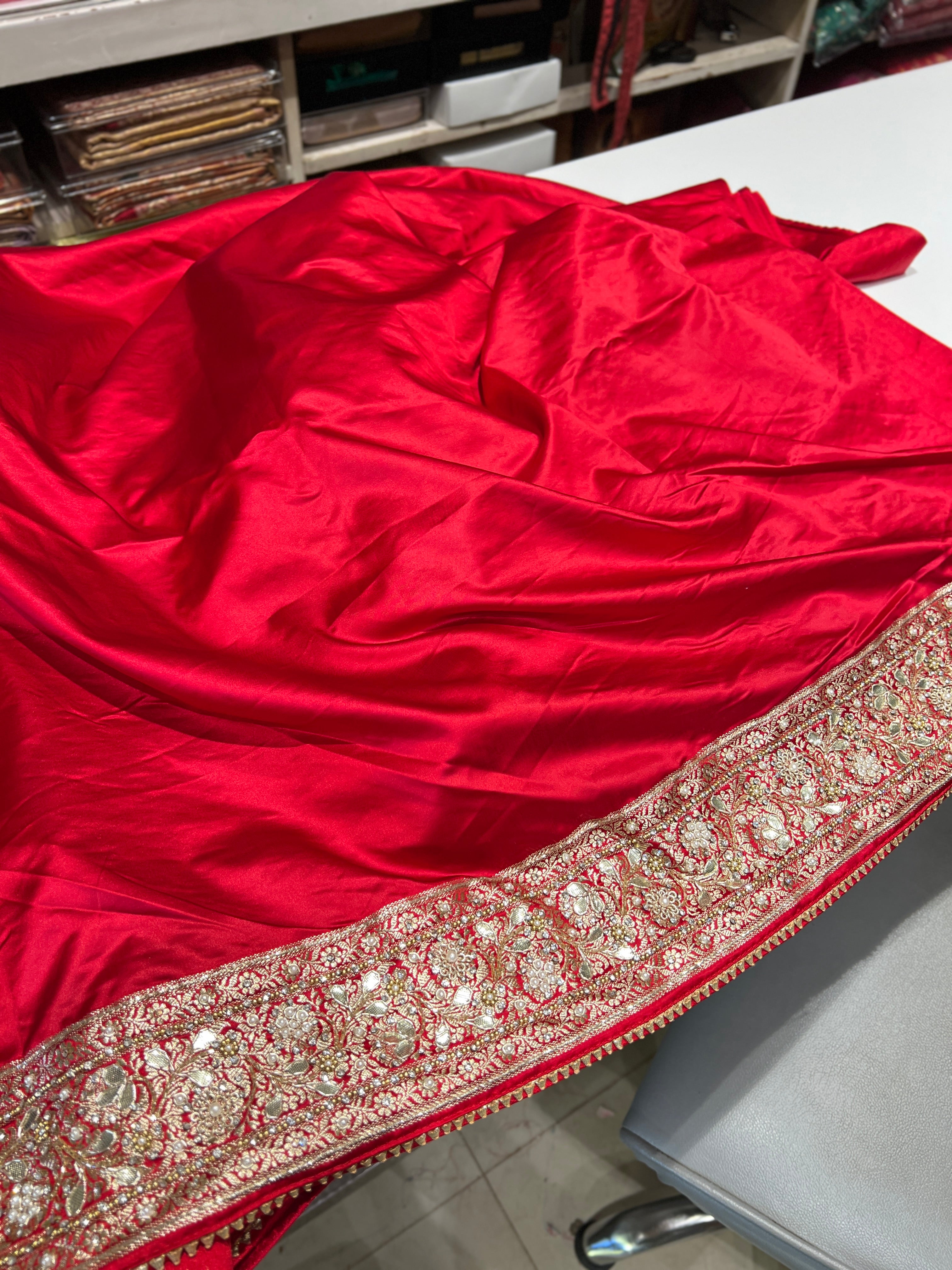 Red Banarasi Silk Crown Border Silk Embroidery Saree
