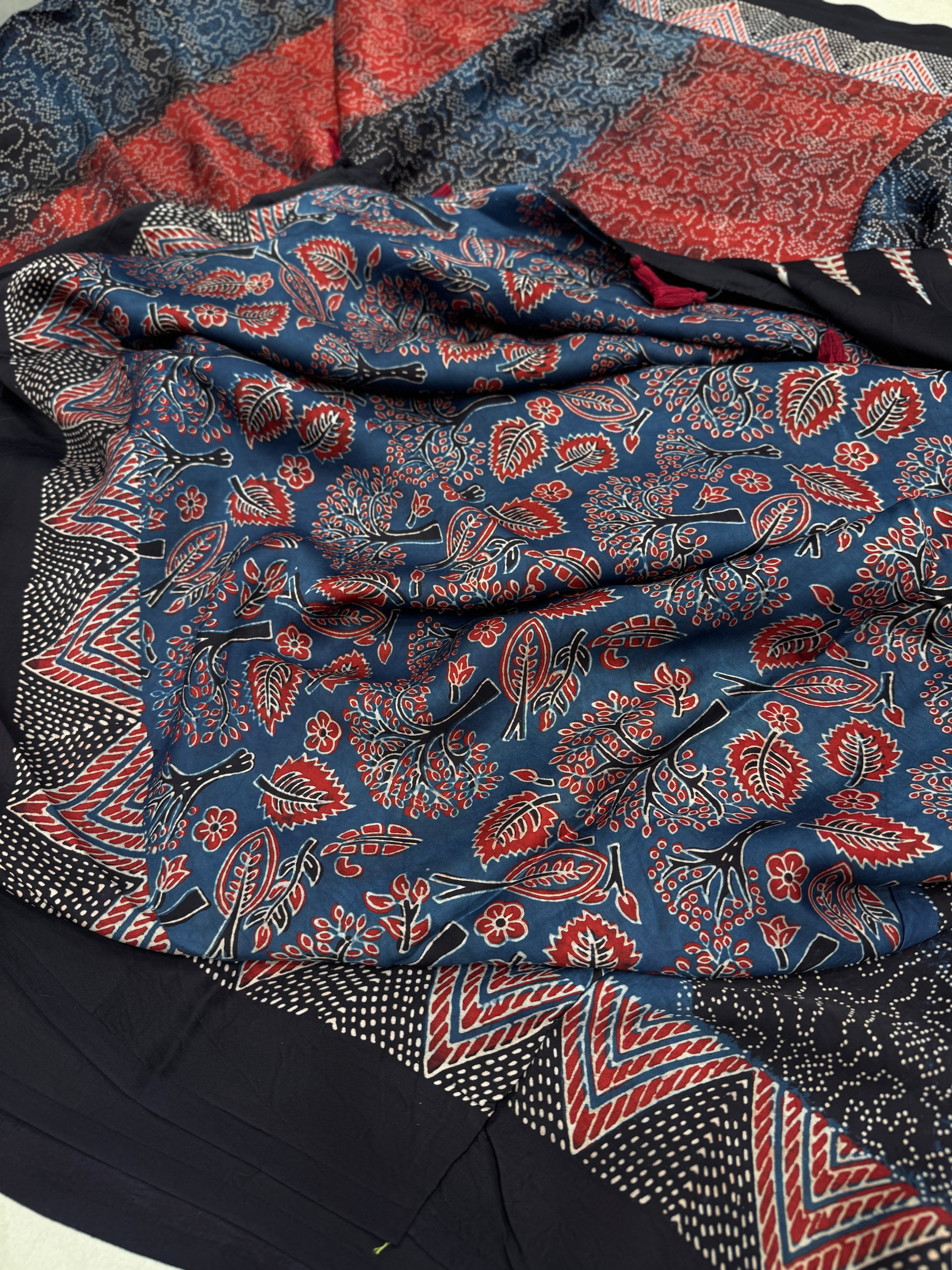 Red Contemporary Bandhej Style Hand Block Print Ajrkah Pure Gajji Silk Saree