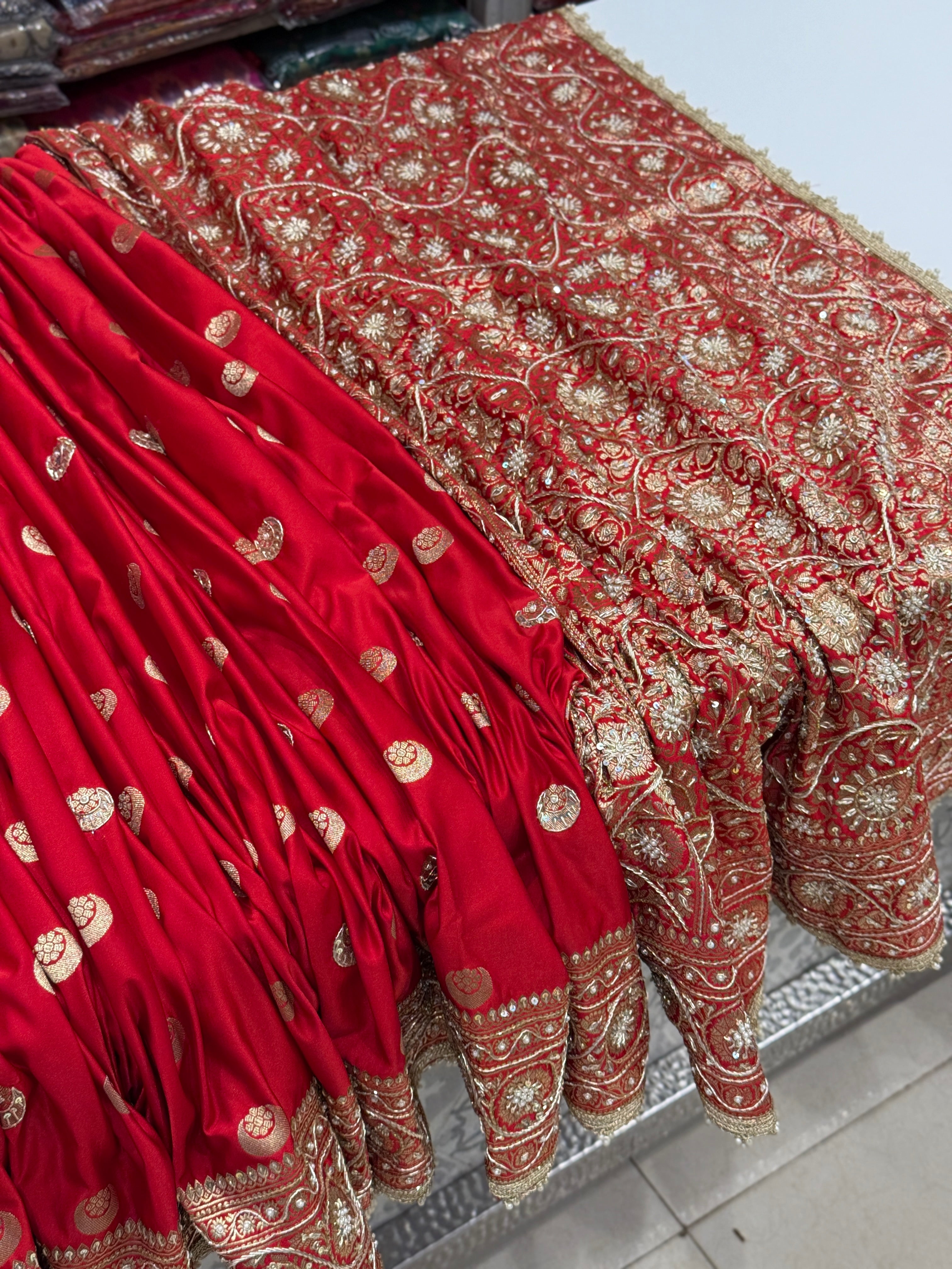 Red Banarasi Chand Buttis Zardosi Hand Embroidery Saree