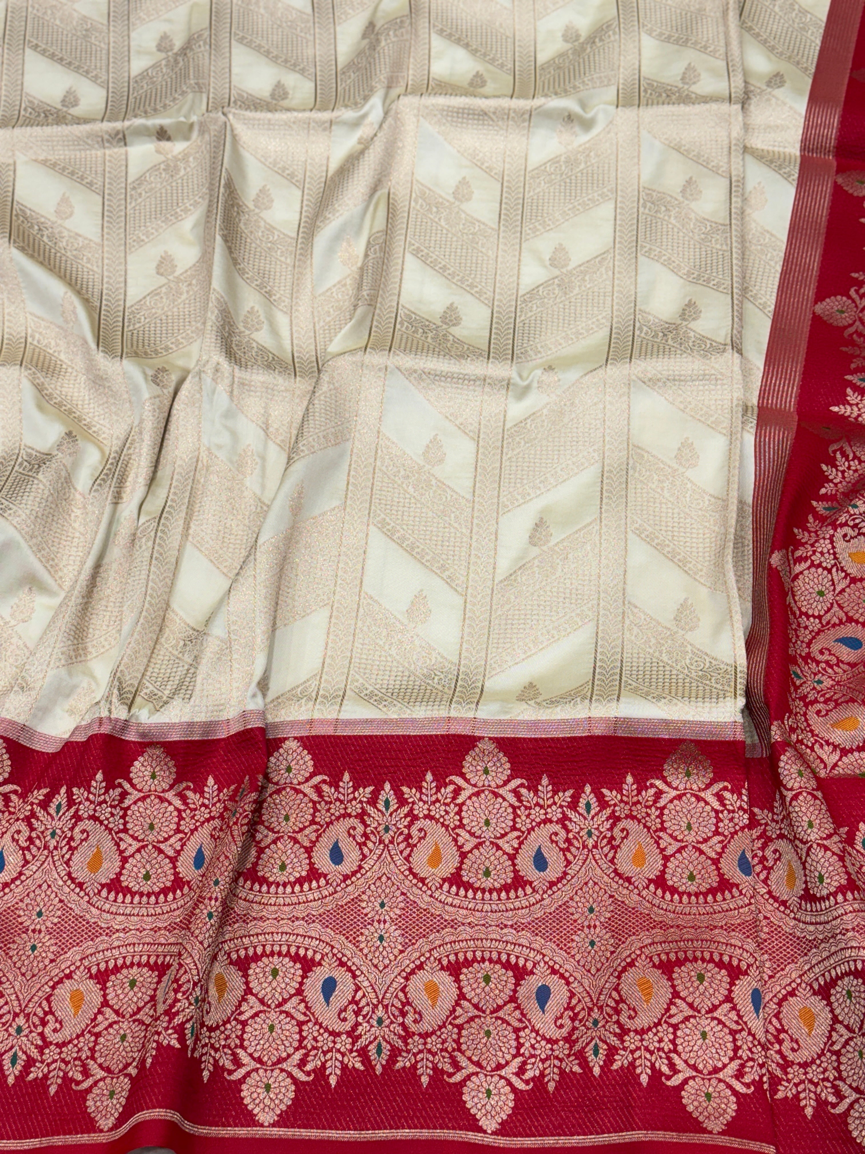 Off White Contemporary Red Border Banarasi Silk Saree