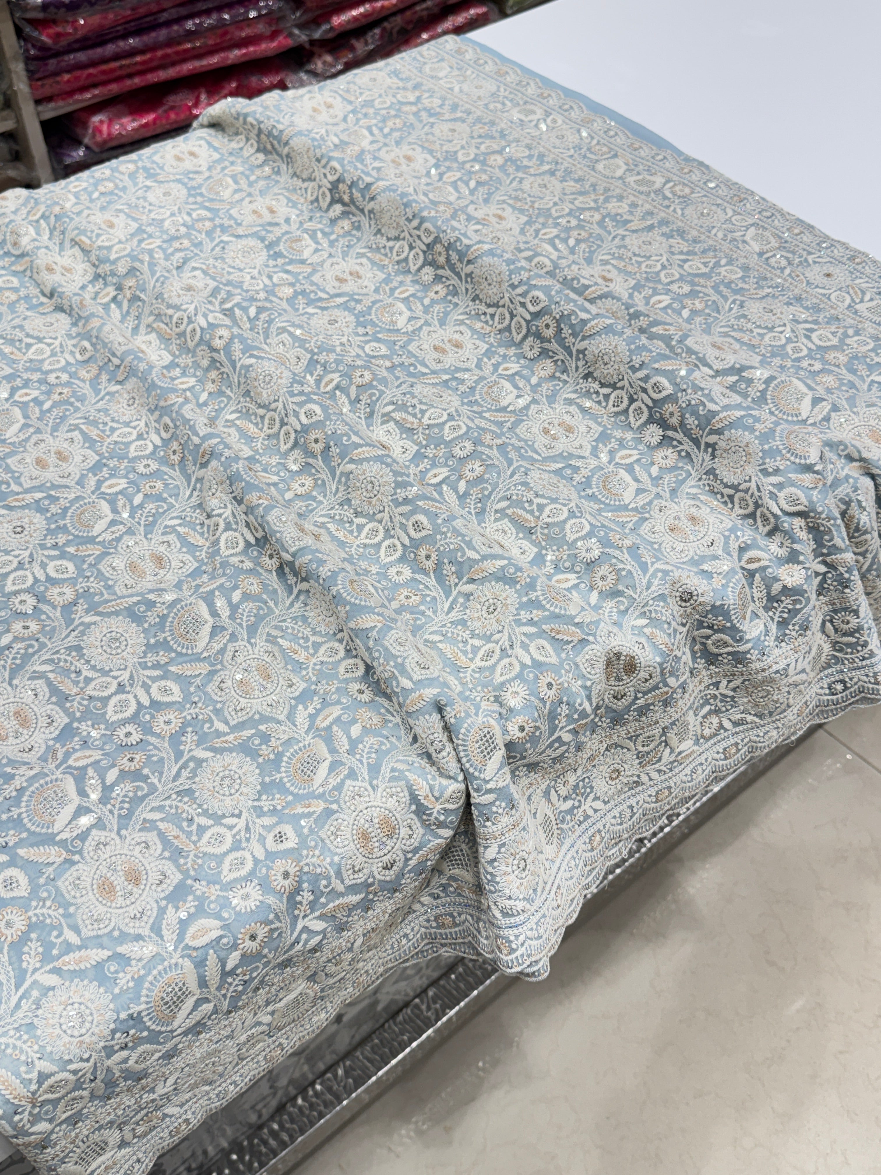 Powder Blue Chikankari Small Scallop Design Saree