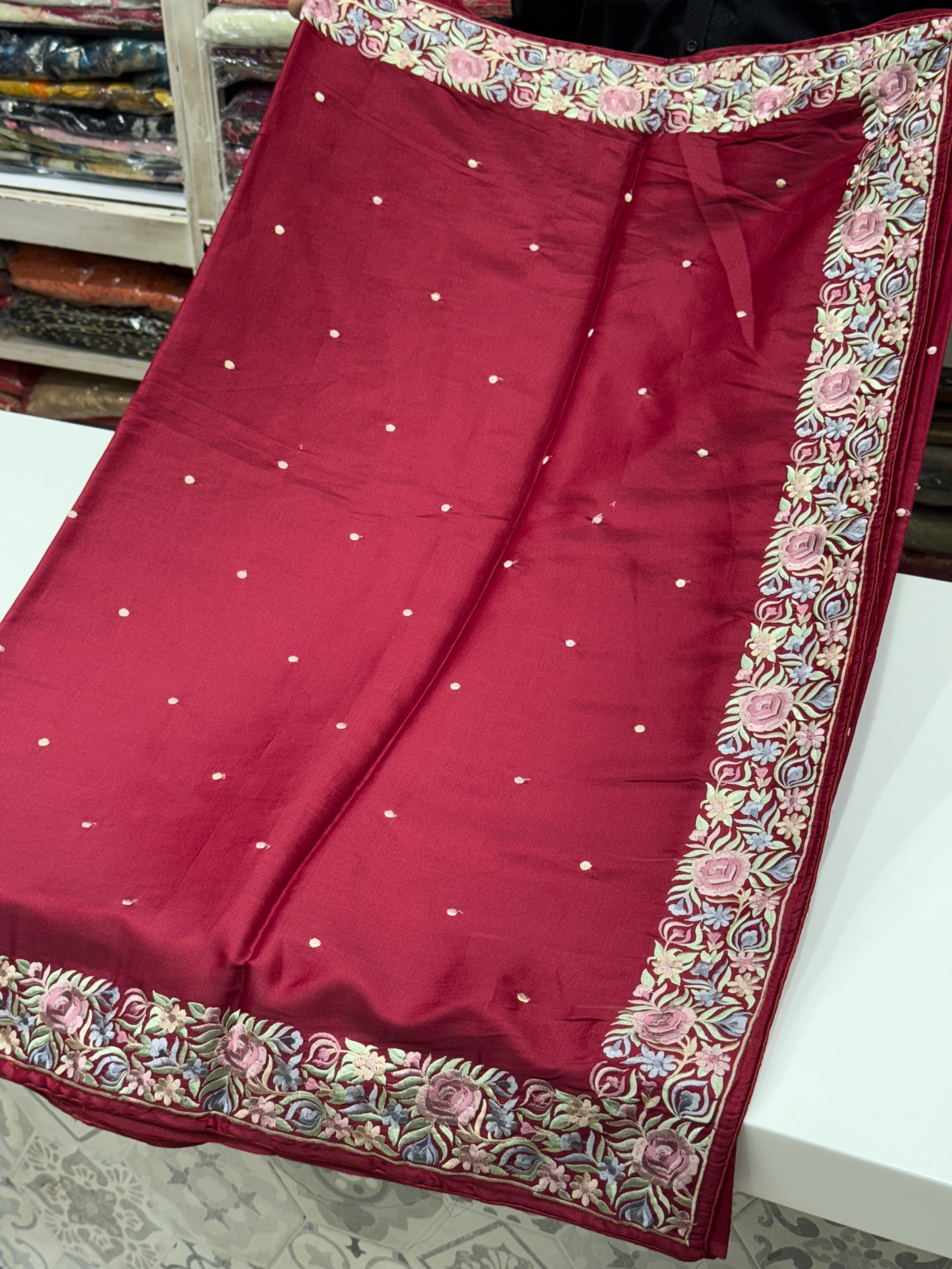 Maroon Silk Multi Colour Border Gara Border Saree