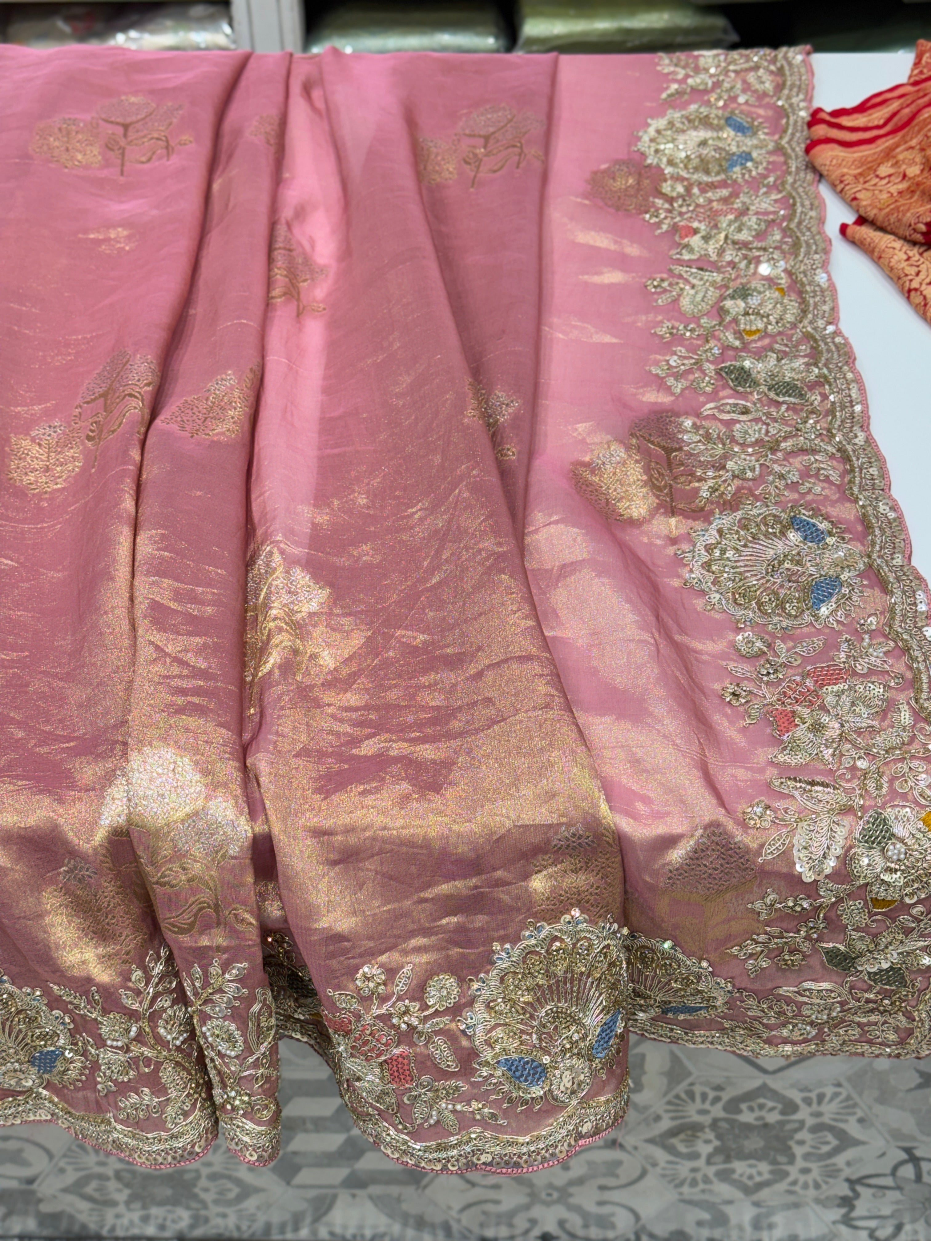 Pink Tissue Weaved Embroidery Saree