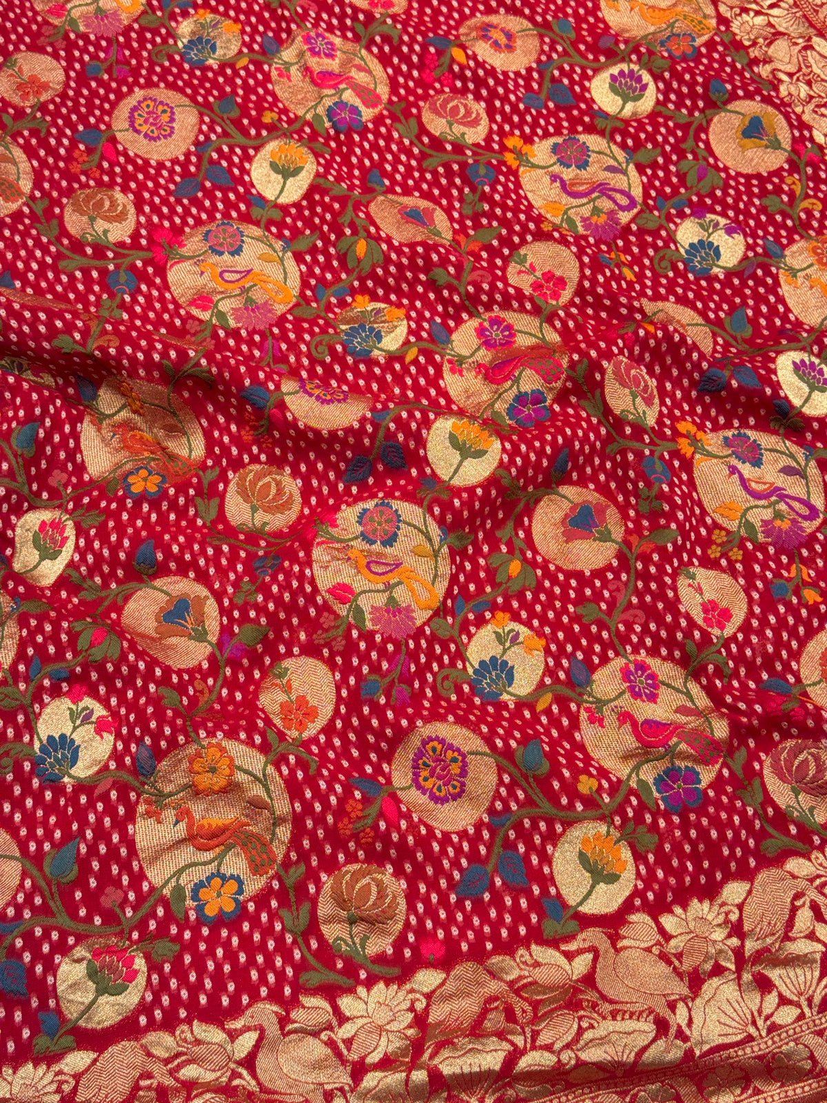 Red Chandra Mor Meenakari Woven Bandhej Saree