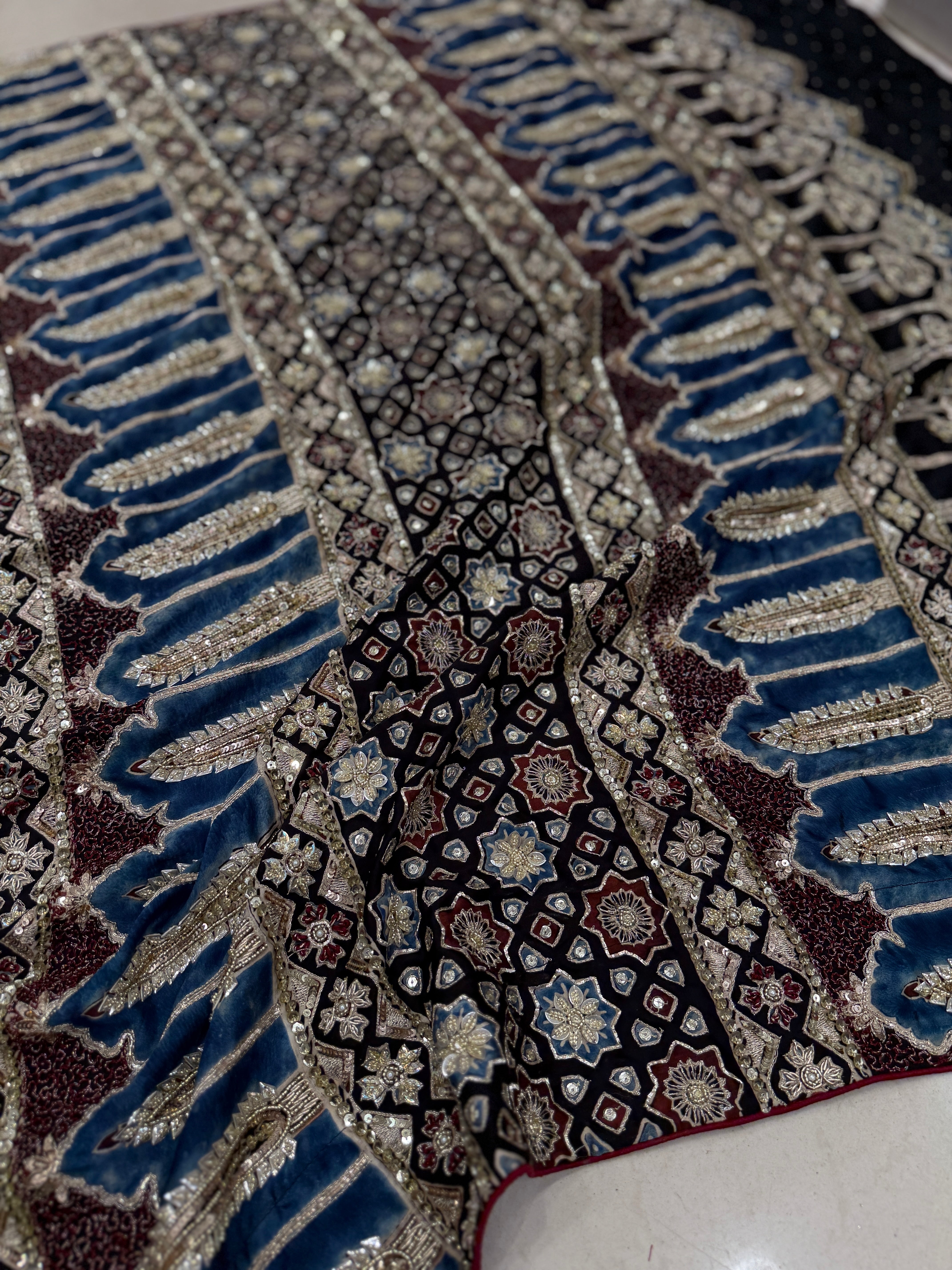 Black Buttas Pita Zardosi Sequin Ajrakh Hand Embroidery Saree