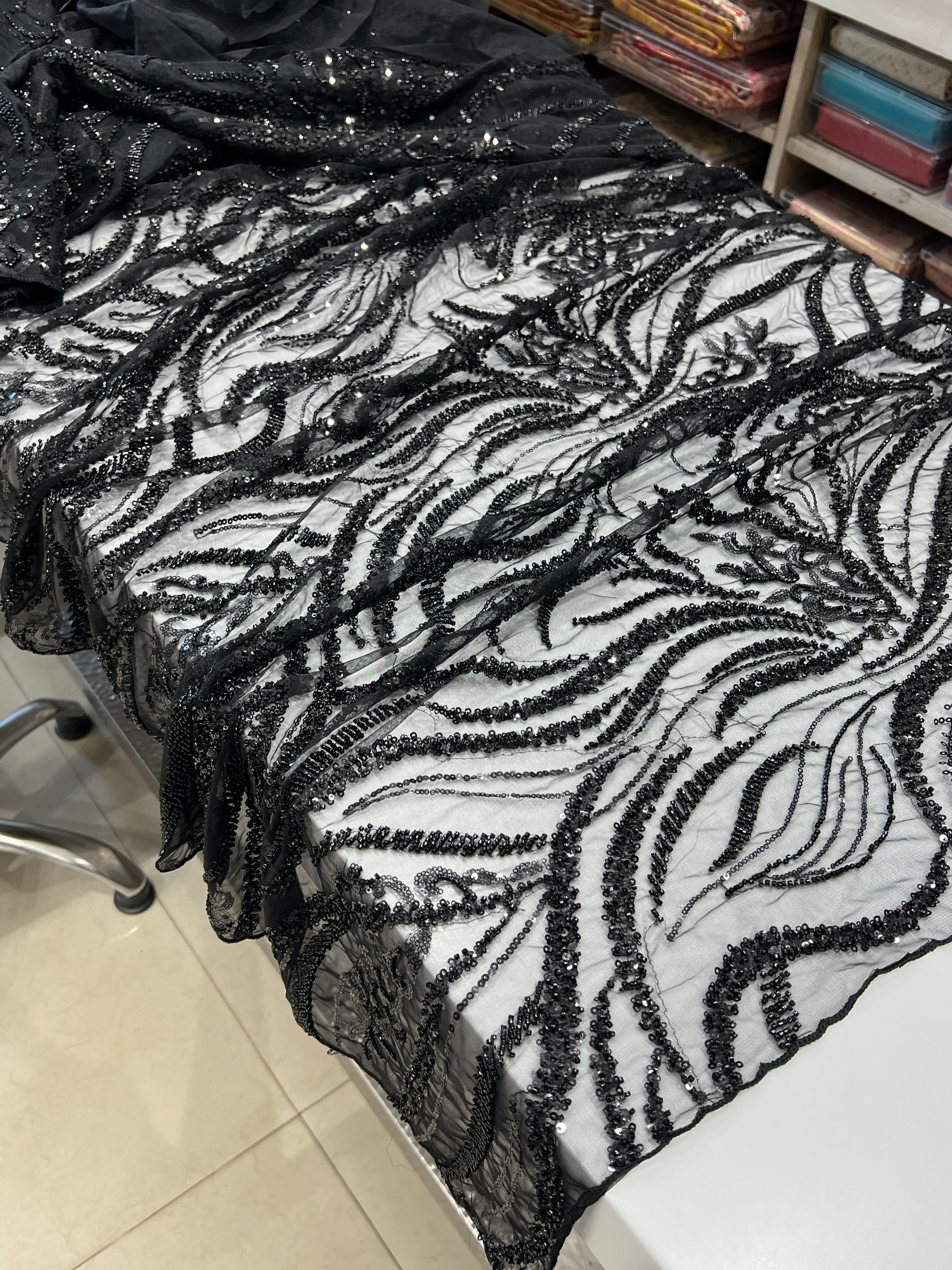 Black Soft Net Moti Sequin Embroidery Saree