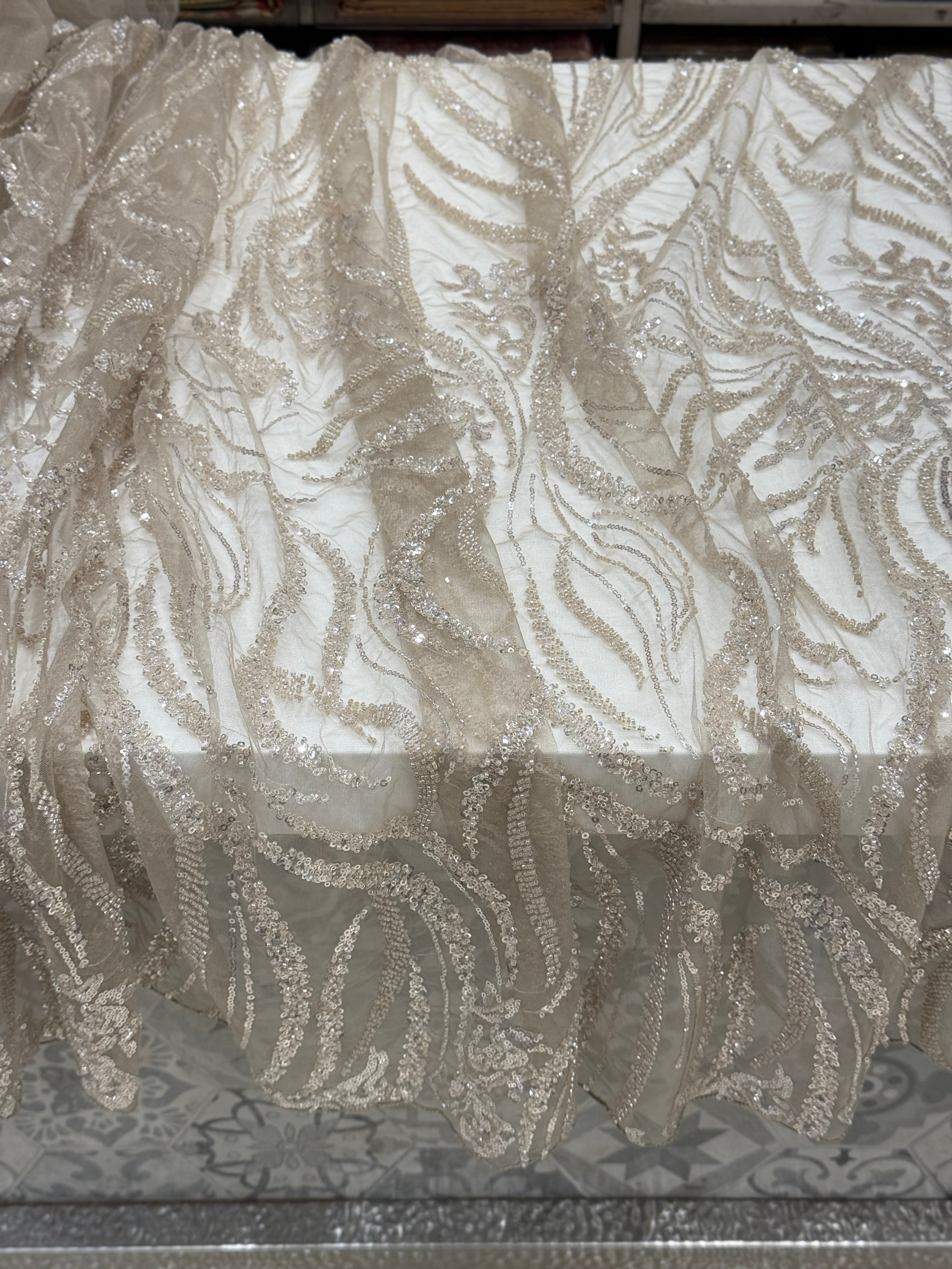 Soft Net Dark Beige Moti Sequin Embroidery Saree