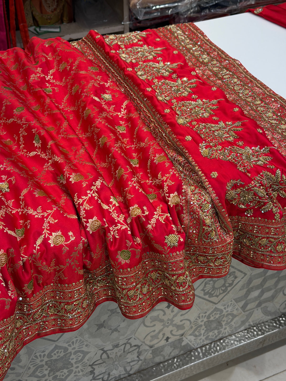 Cross Red Meenakari Banarasi Jaal Antique Zardosi Hand Embroidery Saree