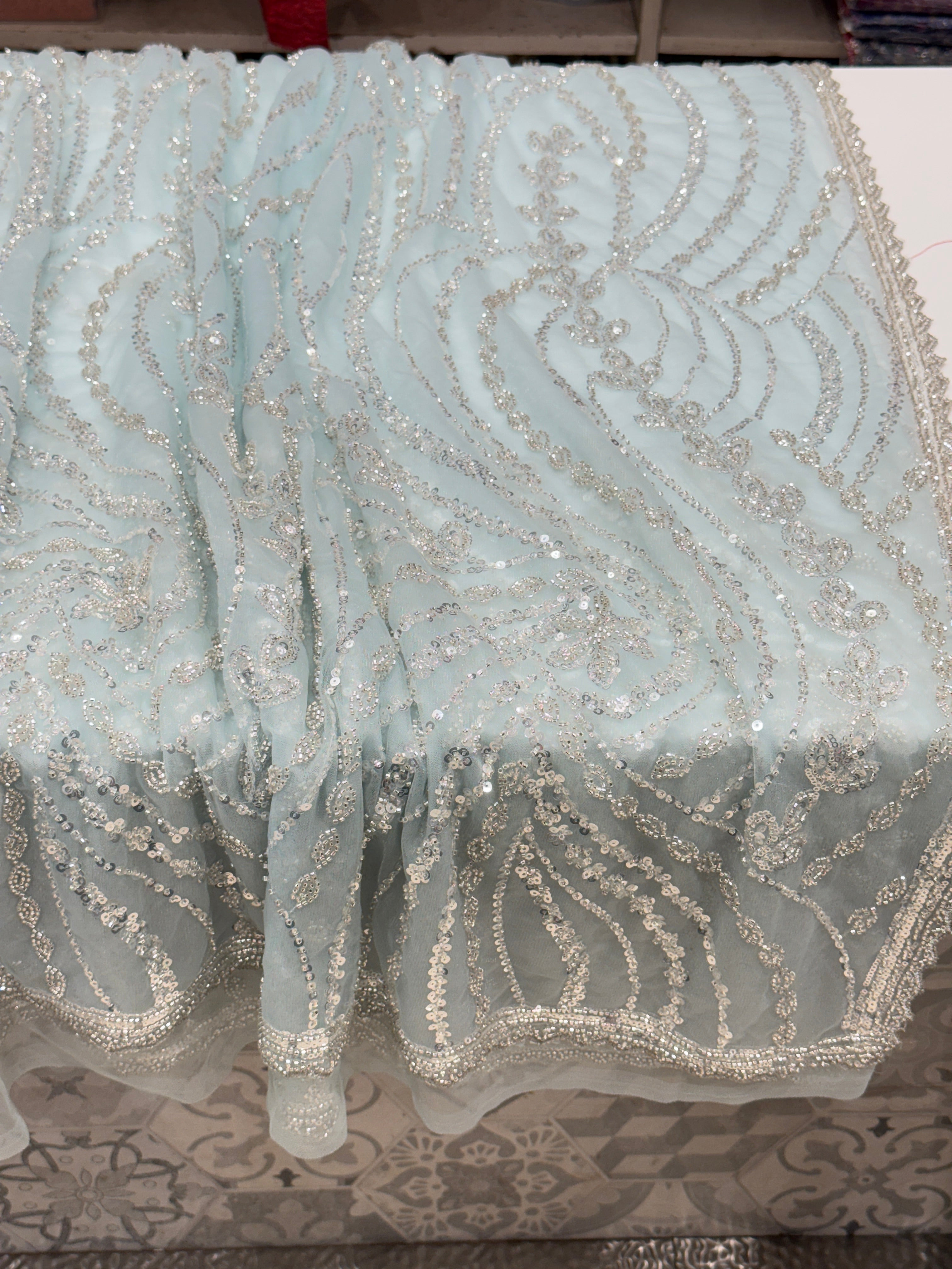 Light Blue Soft Net Sequin Moti Embroidery Saree