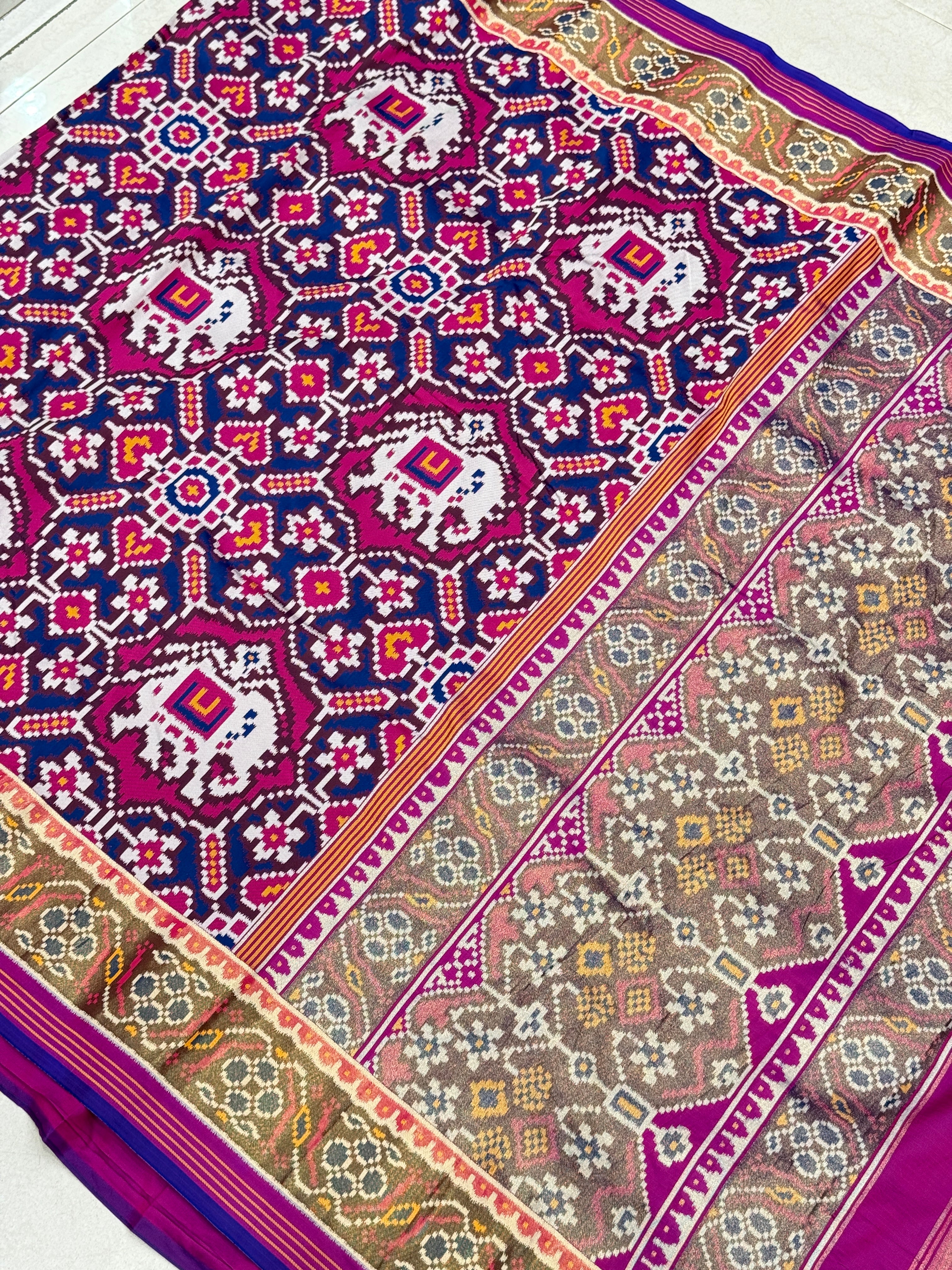 Rani Blue Chabdi Small Elephant Semi Silk Weaved Patan Patola Saree