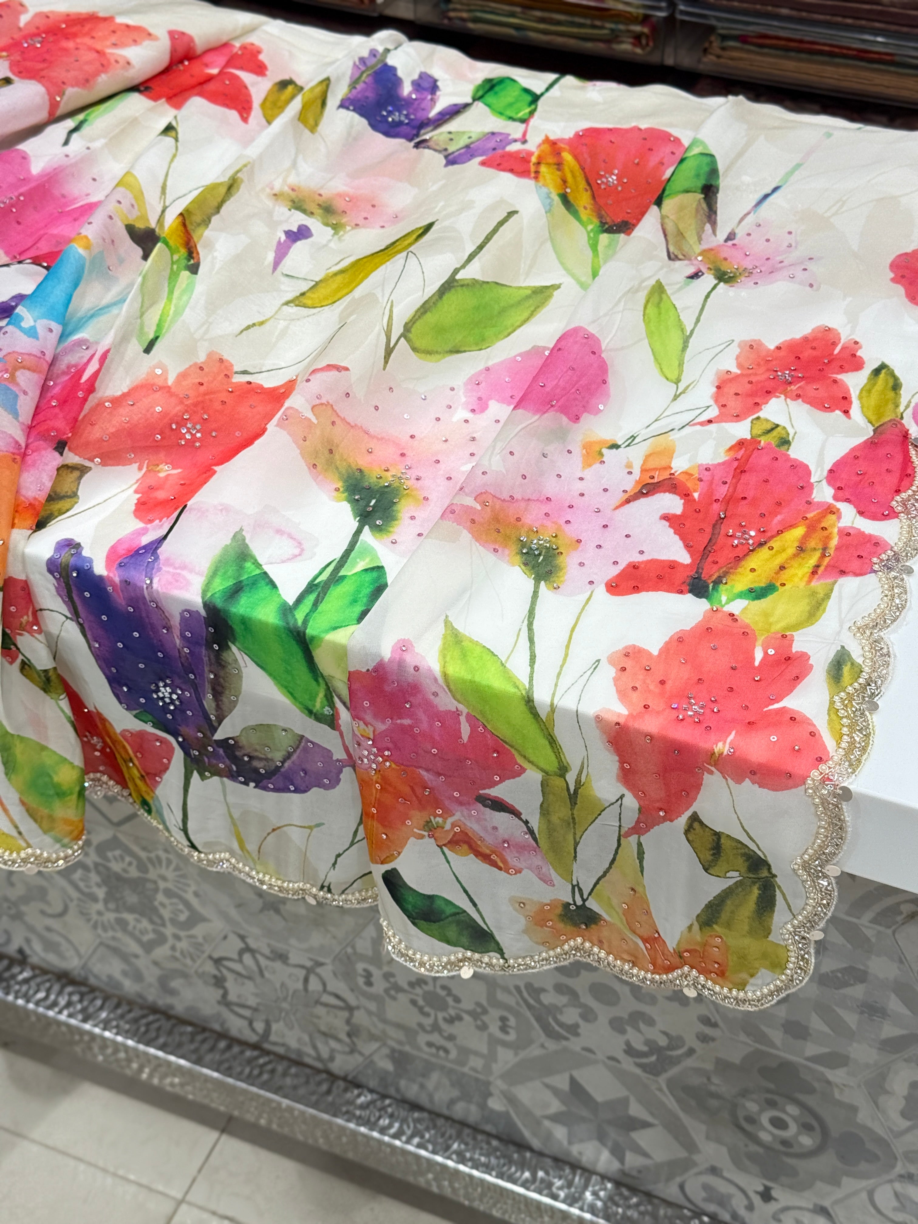 Multi Colour Print Muslin Border Hand Embroidery Saree