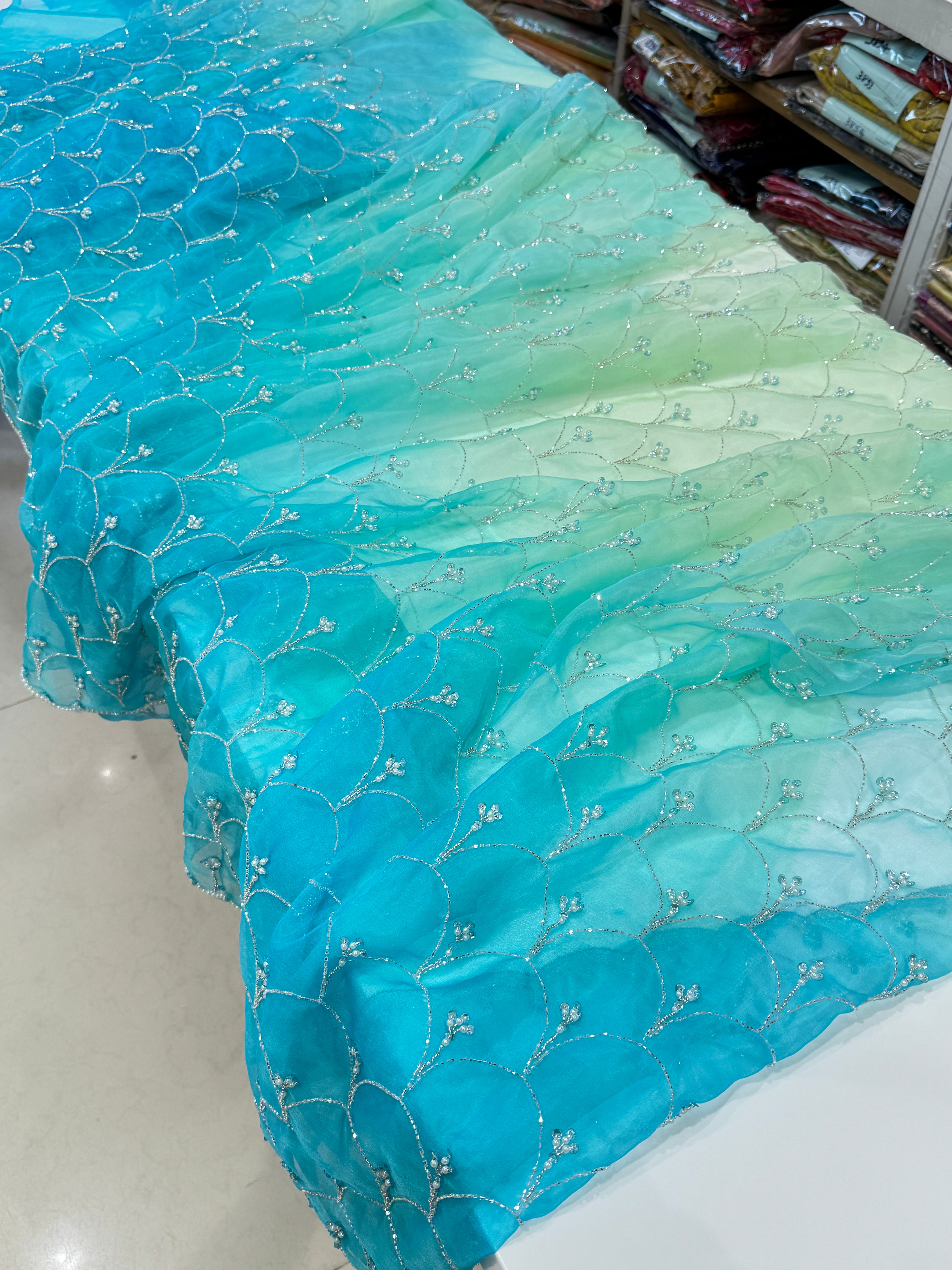 Shaded Blue Organza Moti Sequin Hand Embroidery Saree