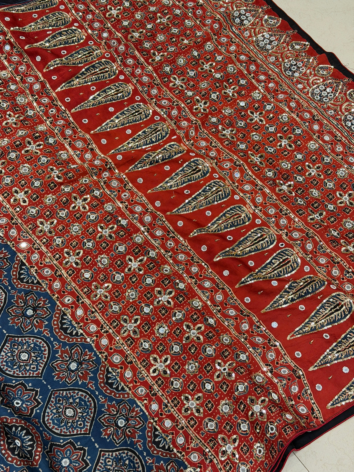 Blue Red Badam Jaal Ajrakh Real Mirror Moti Sequin Hand Embroidery Saree