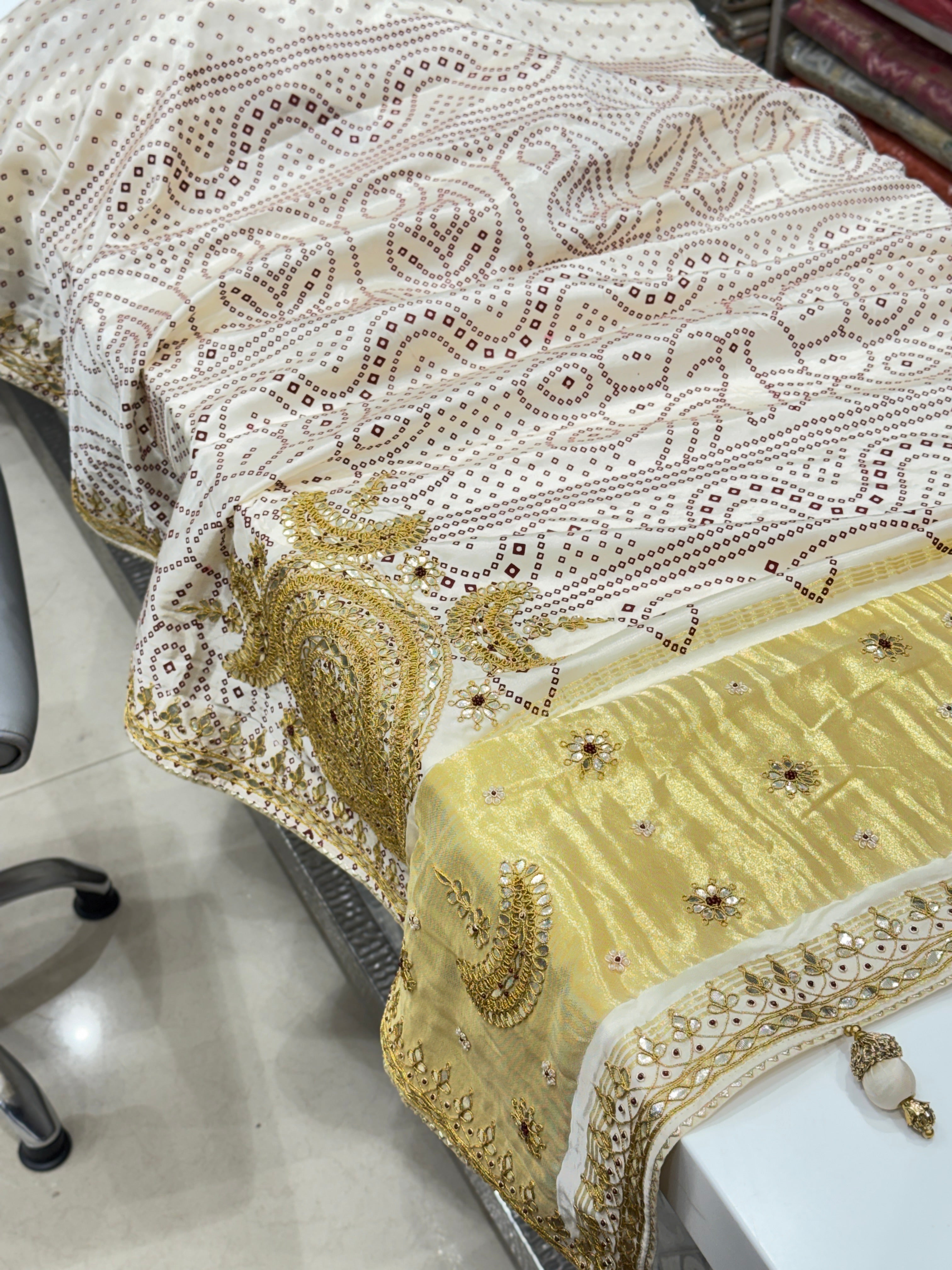 Moti White Gajji Silk Bandhej Print Hand Embroidery Gotapatti Work Saree