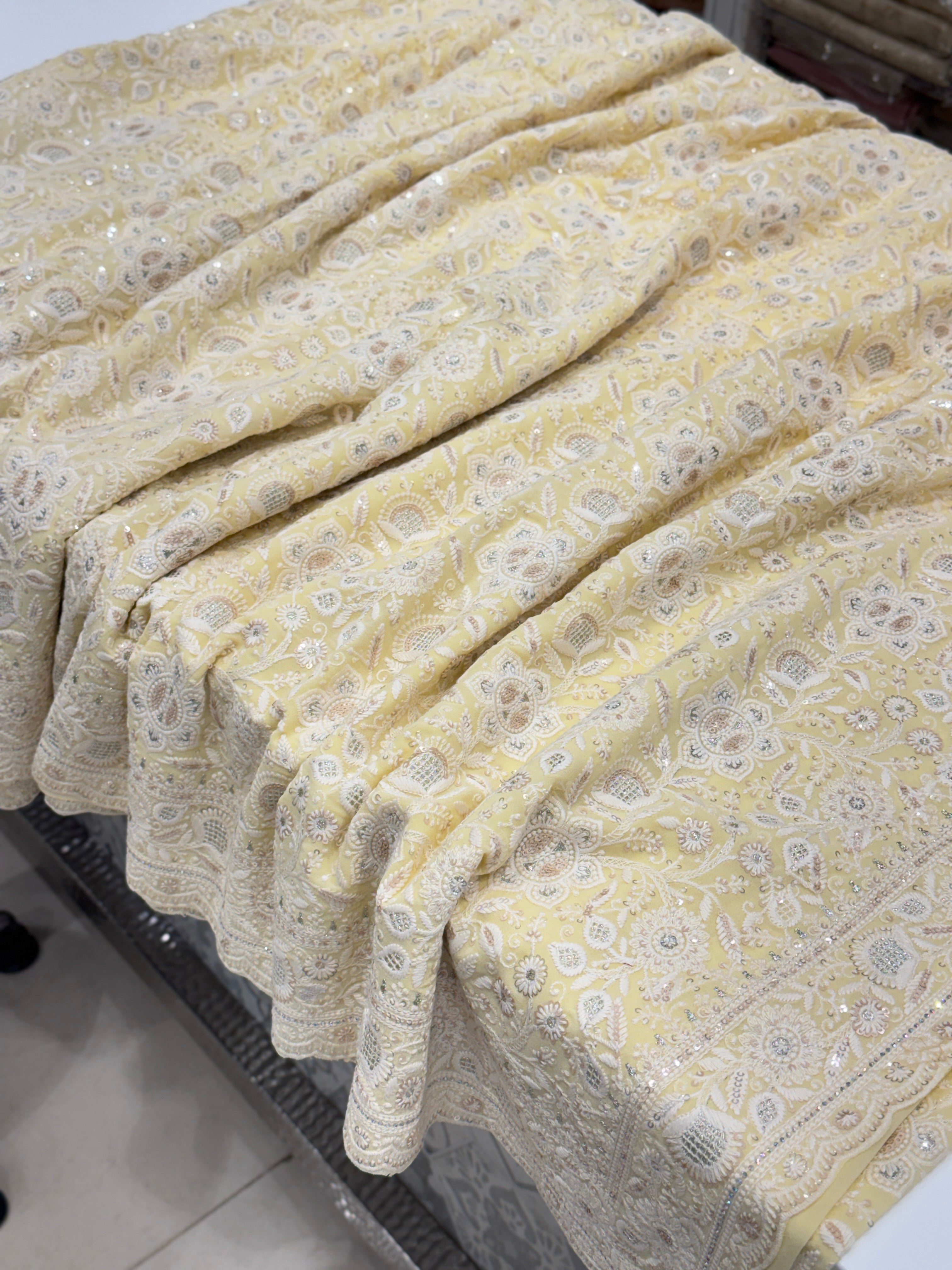 Yellow Chikankari Small Scallop Design Saree