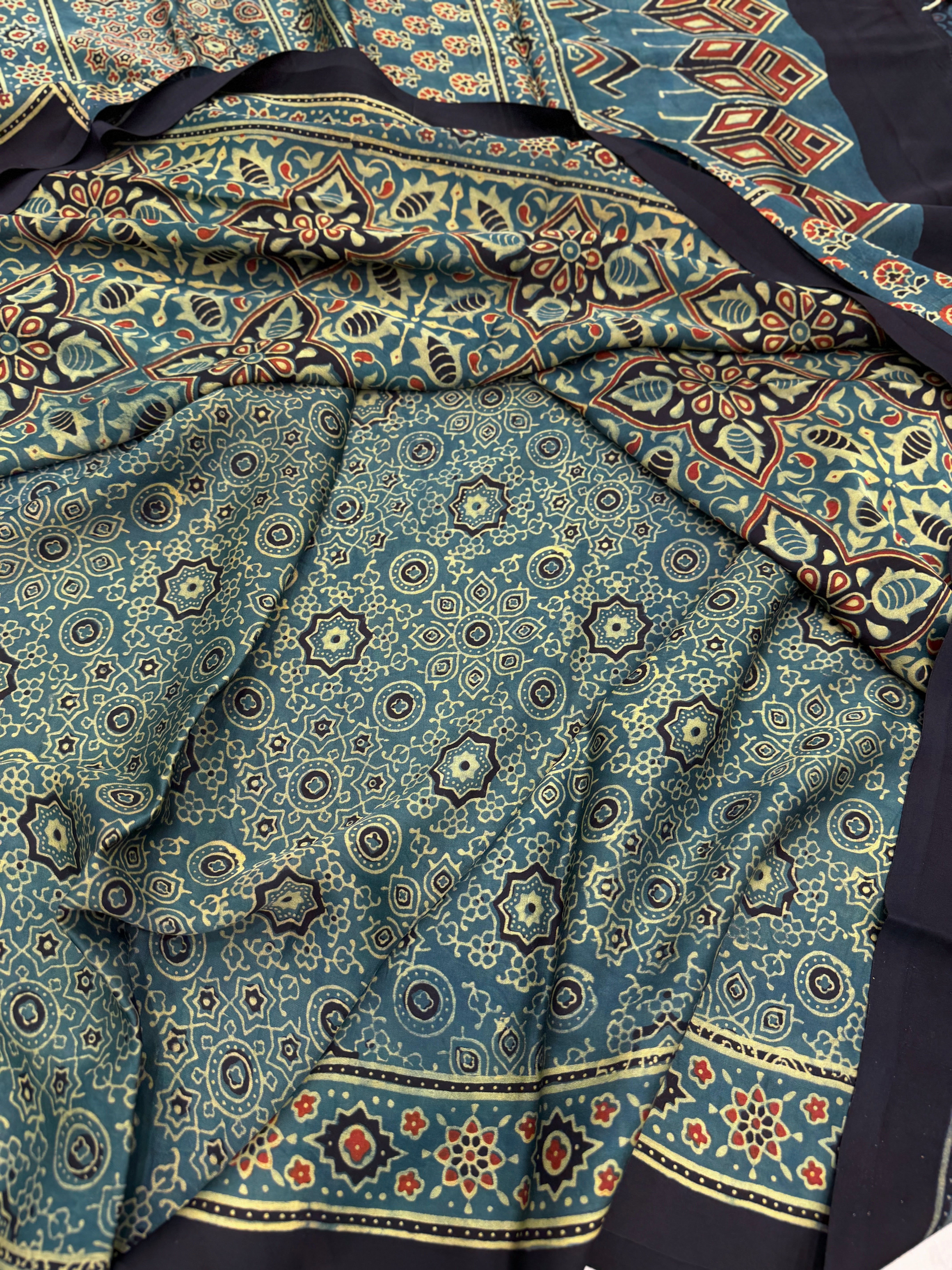 Green Elkweed Flower Buttis Ajrakh Hand Block Print Pure Modal Silk Saree
