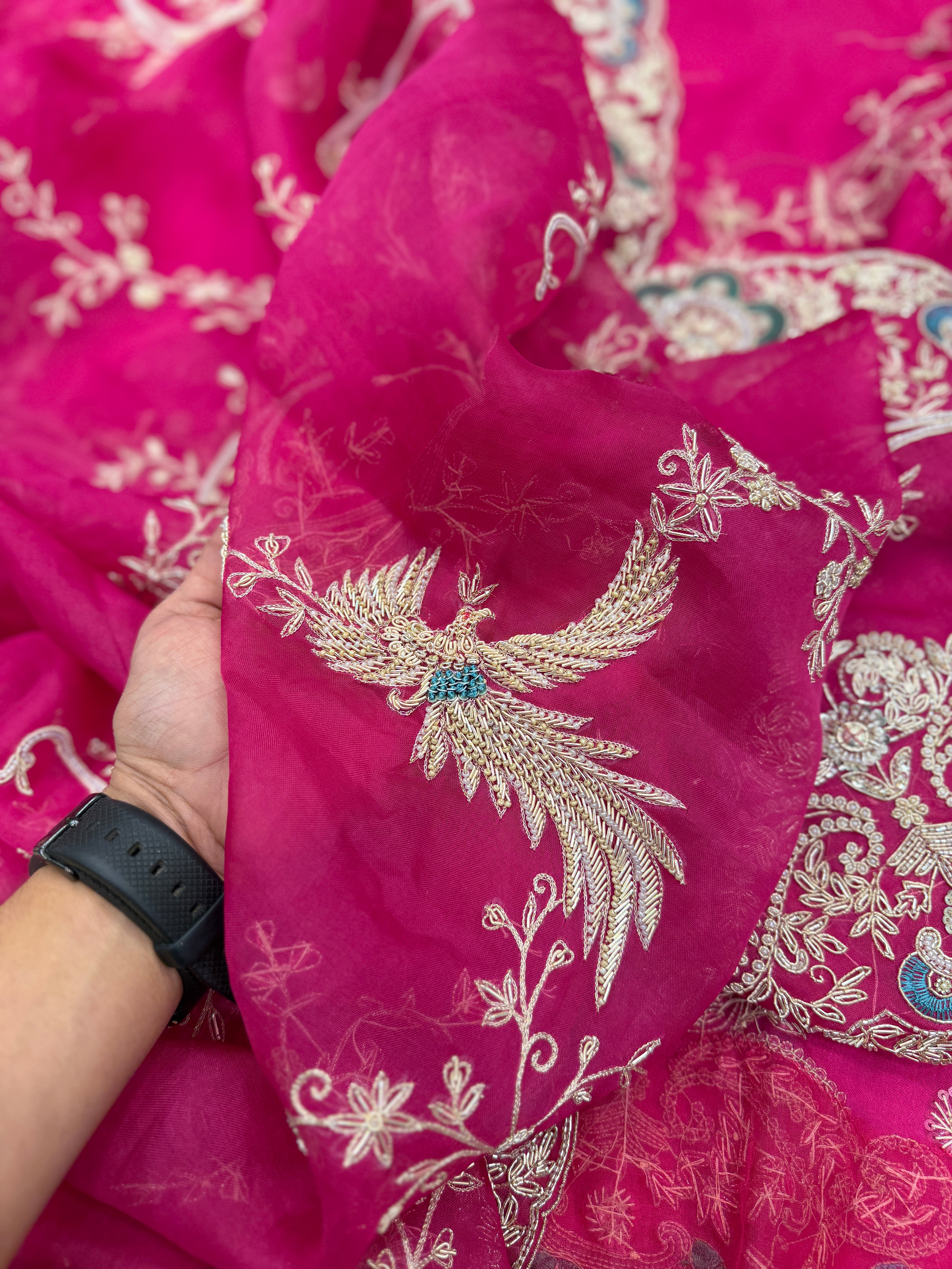 Rani Pink Organza Zardodi Phoneix Jaal Hand Embroidery Saree