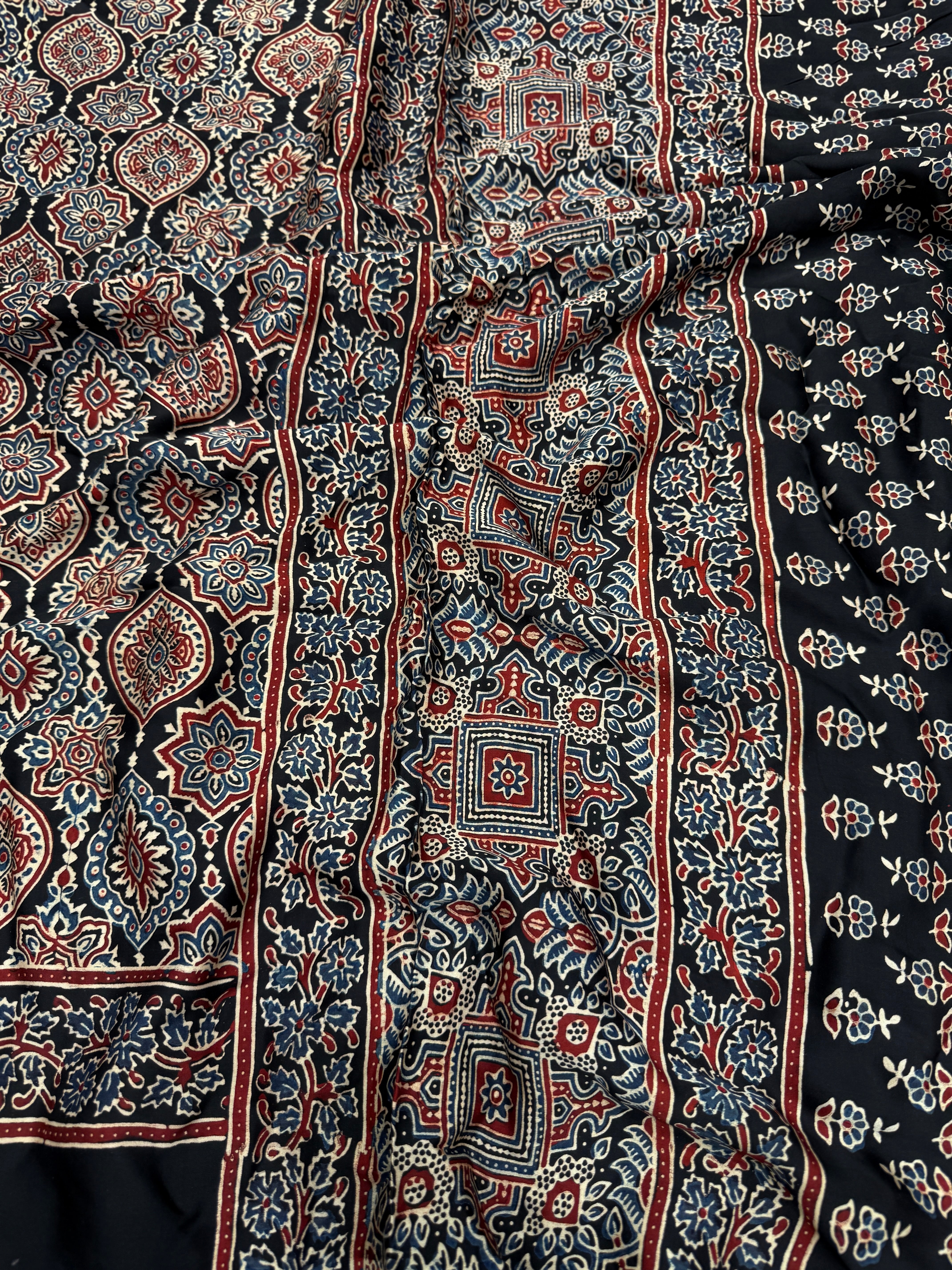Black Badam Jaal Ajrakh Block Print Hand Pure Gajji Silk Saree