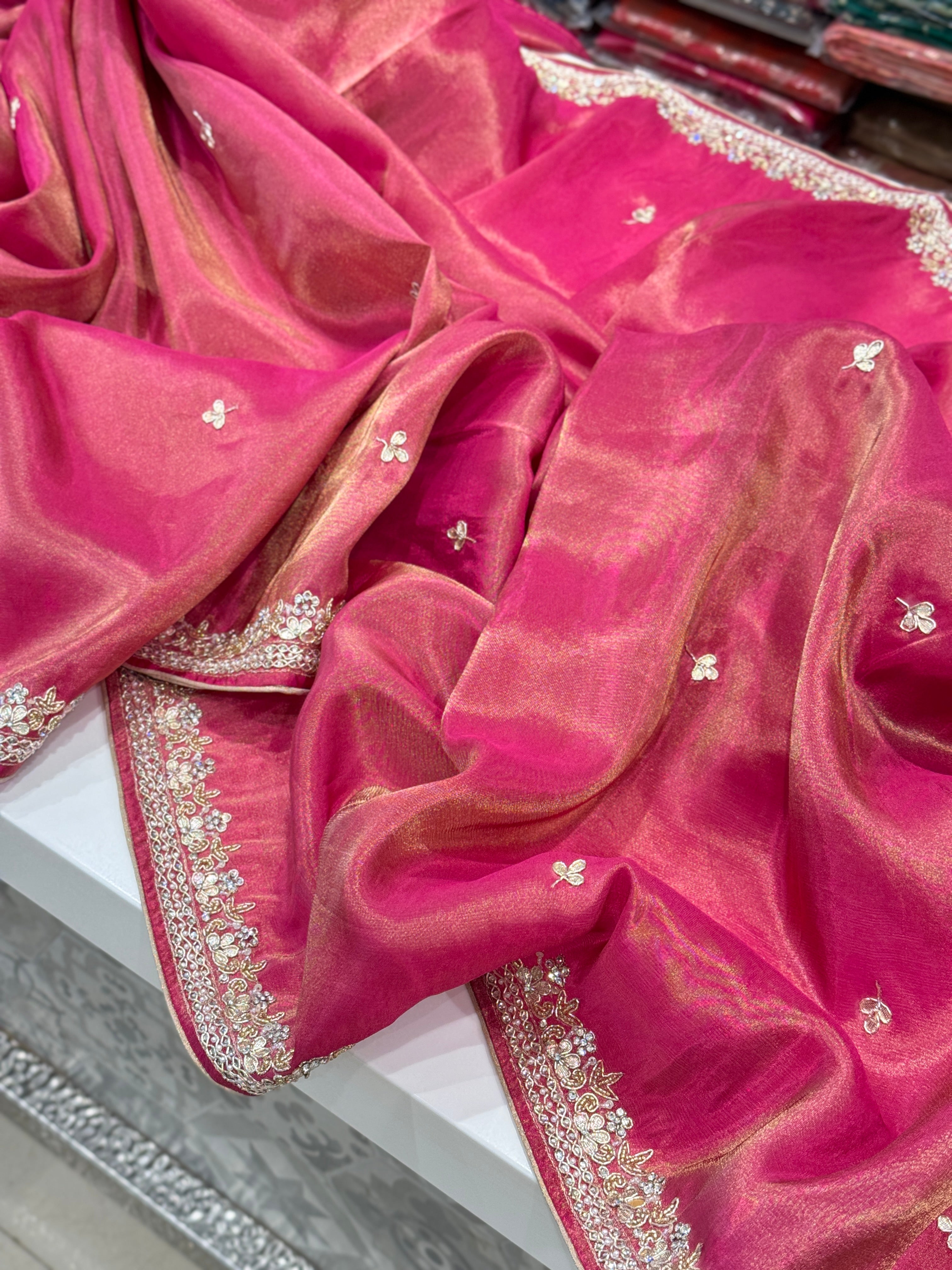Crimson Crepe Tissue Border Embroidery Saree