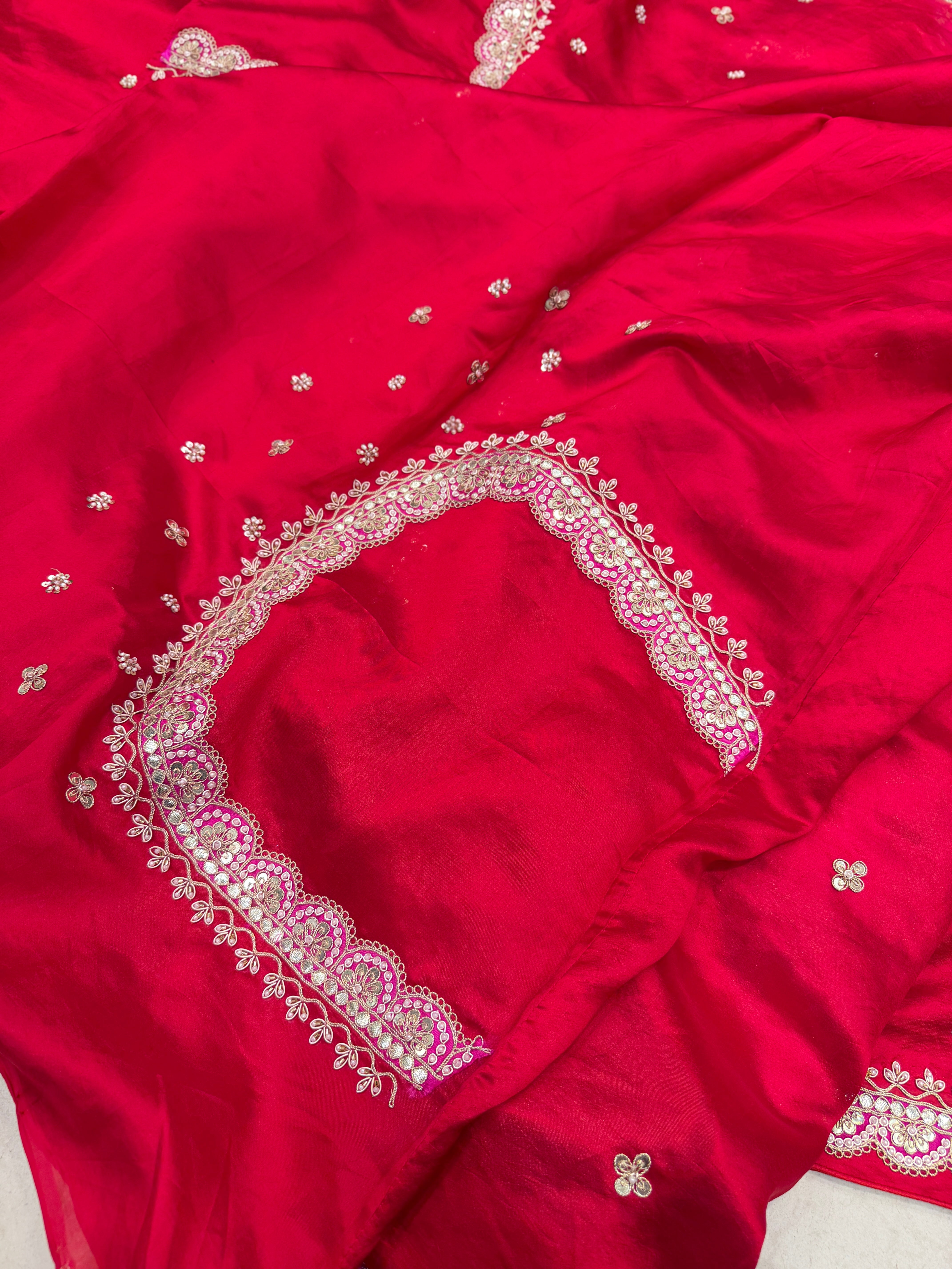 Red Rani Pink Pure Silk Katan Marodi Hand Embroidery Fusion Saree