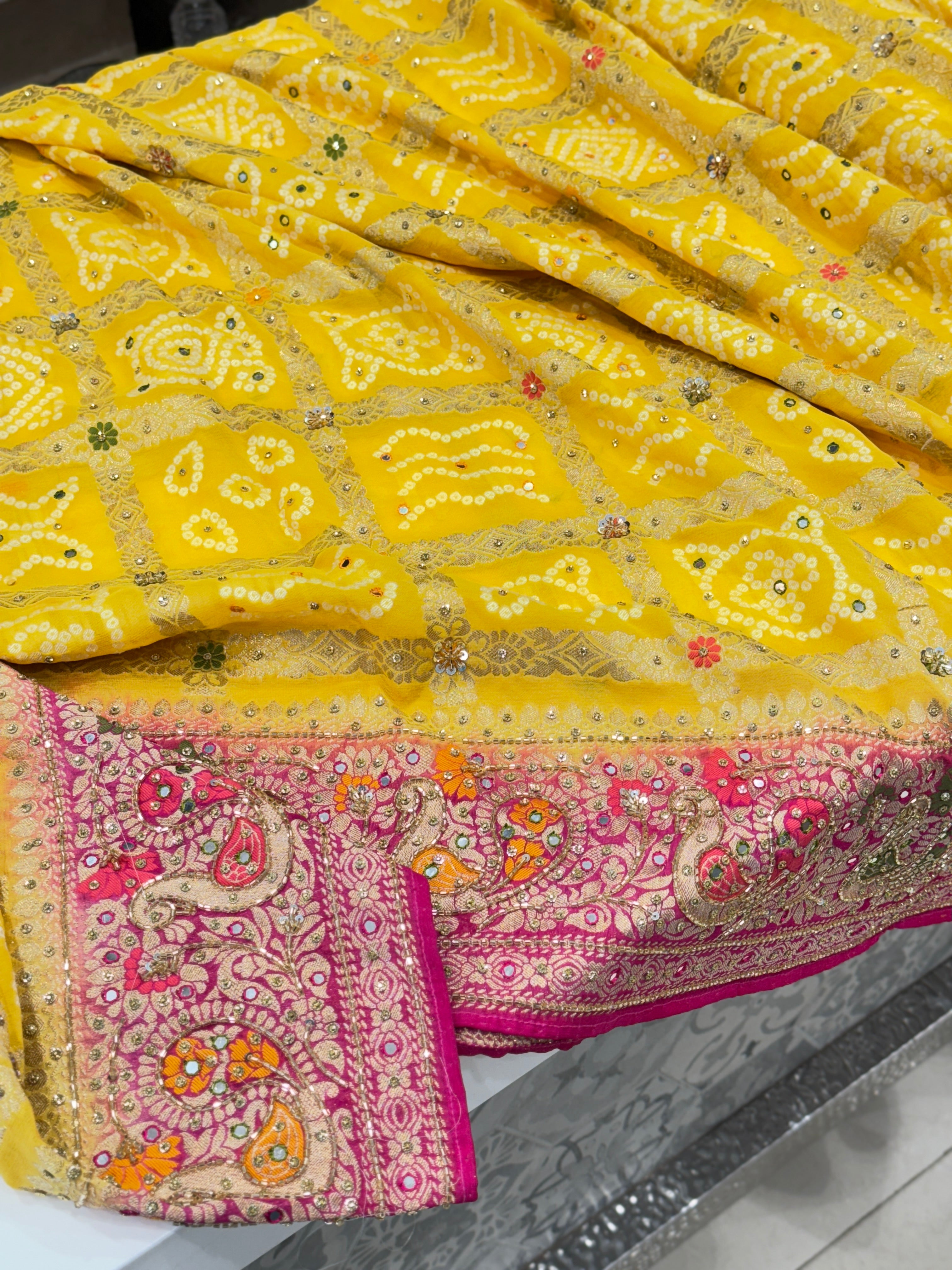 Yellow Rani Gharchola Embroidery Saree