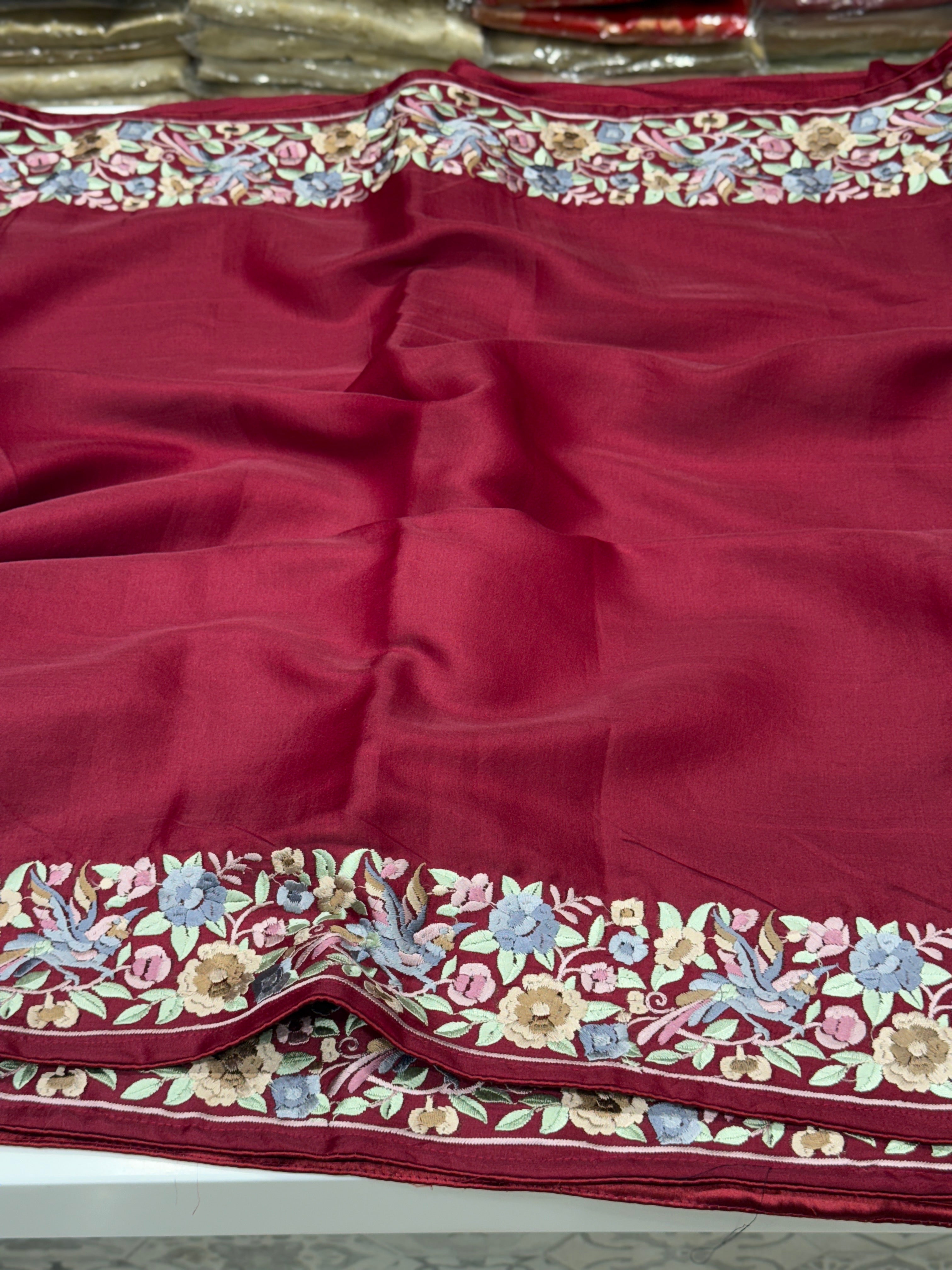 Maroon Silk Multi Colour Gara Border Saree