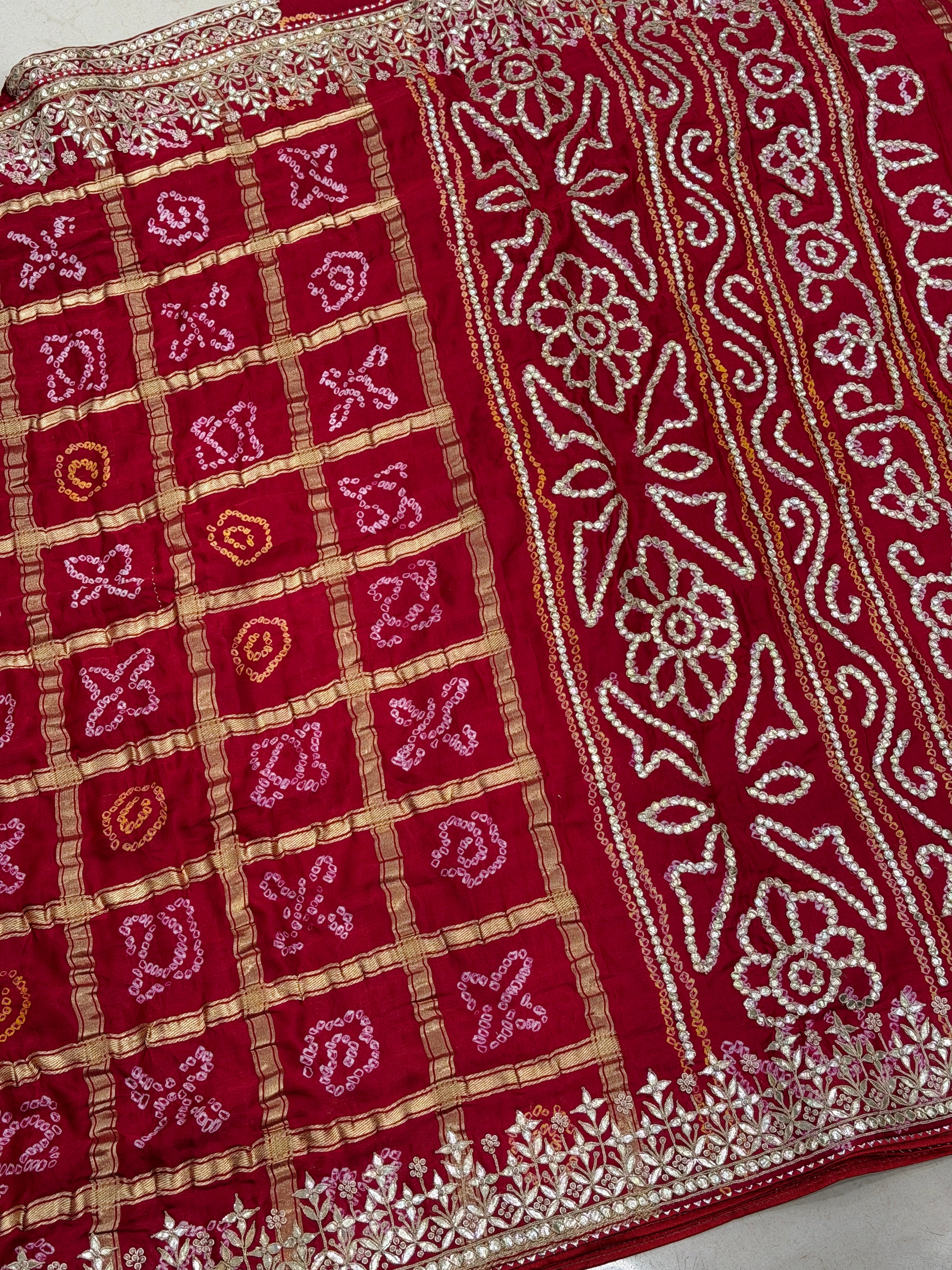 Red Bandhej Gharchola Marodi Gotapatti Hand Embroidery Saree