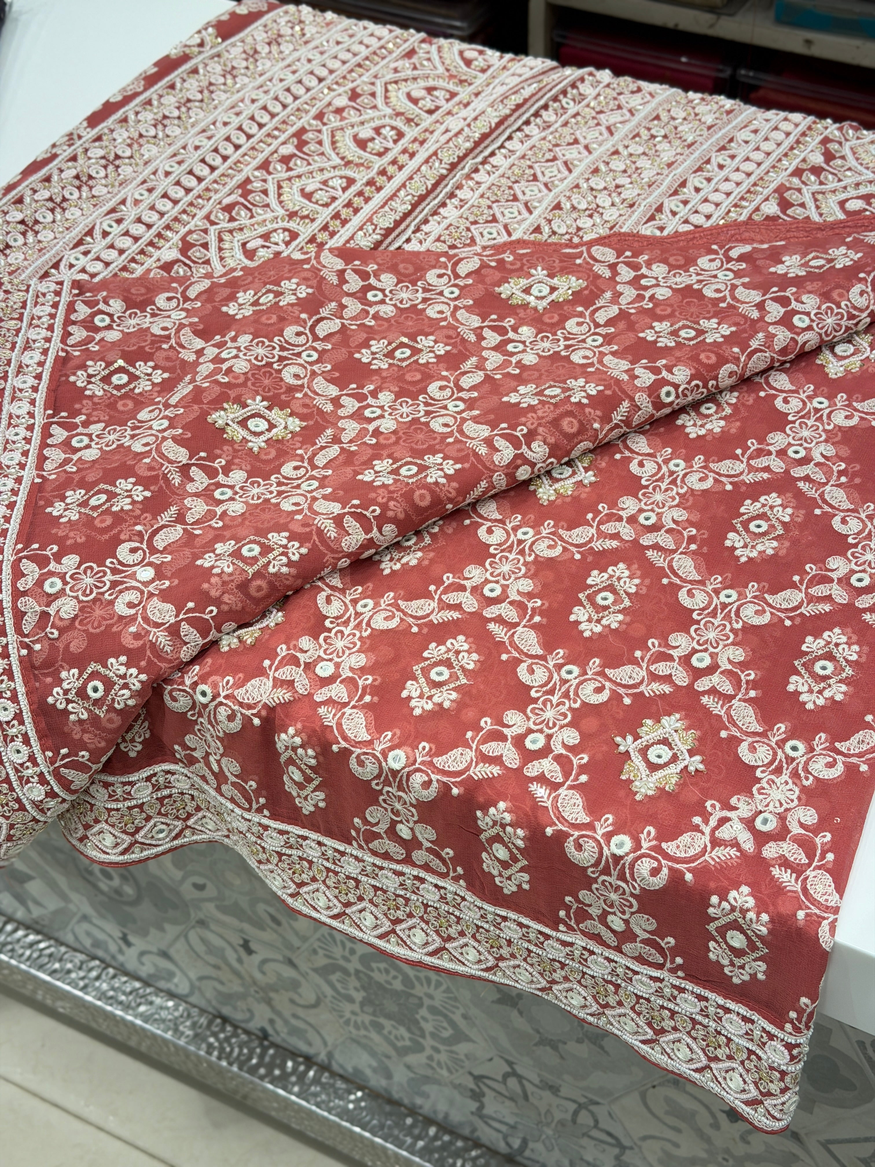 Brick Red Chikankari Georgette Hand Embroidery Moti and Zardosi Saree