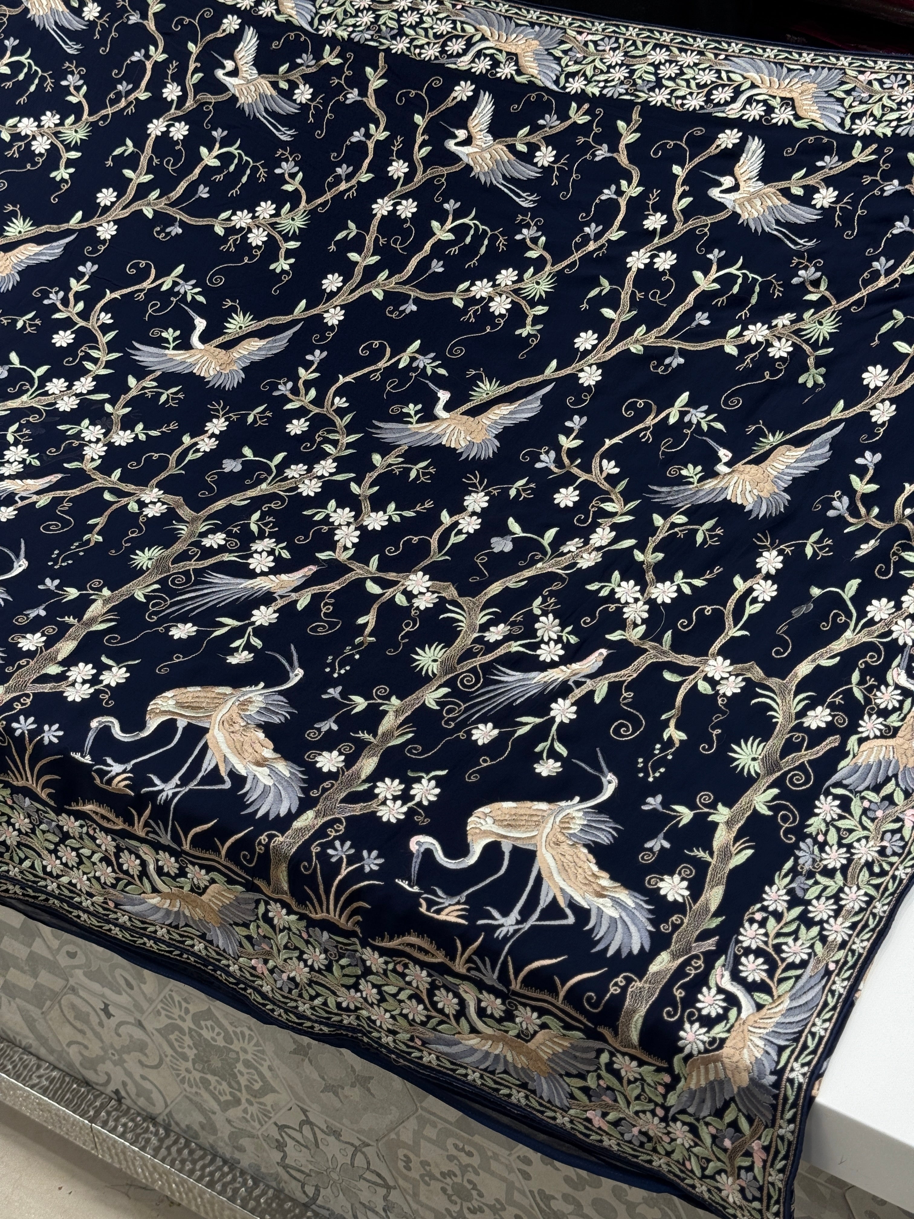 Blue Tree Of Life Flamingo Parsi Gara Saree