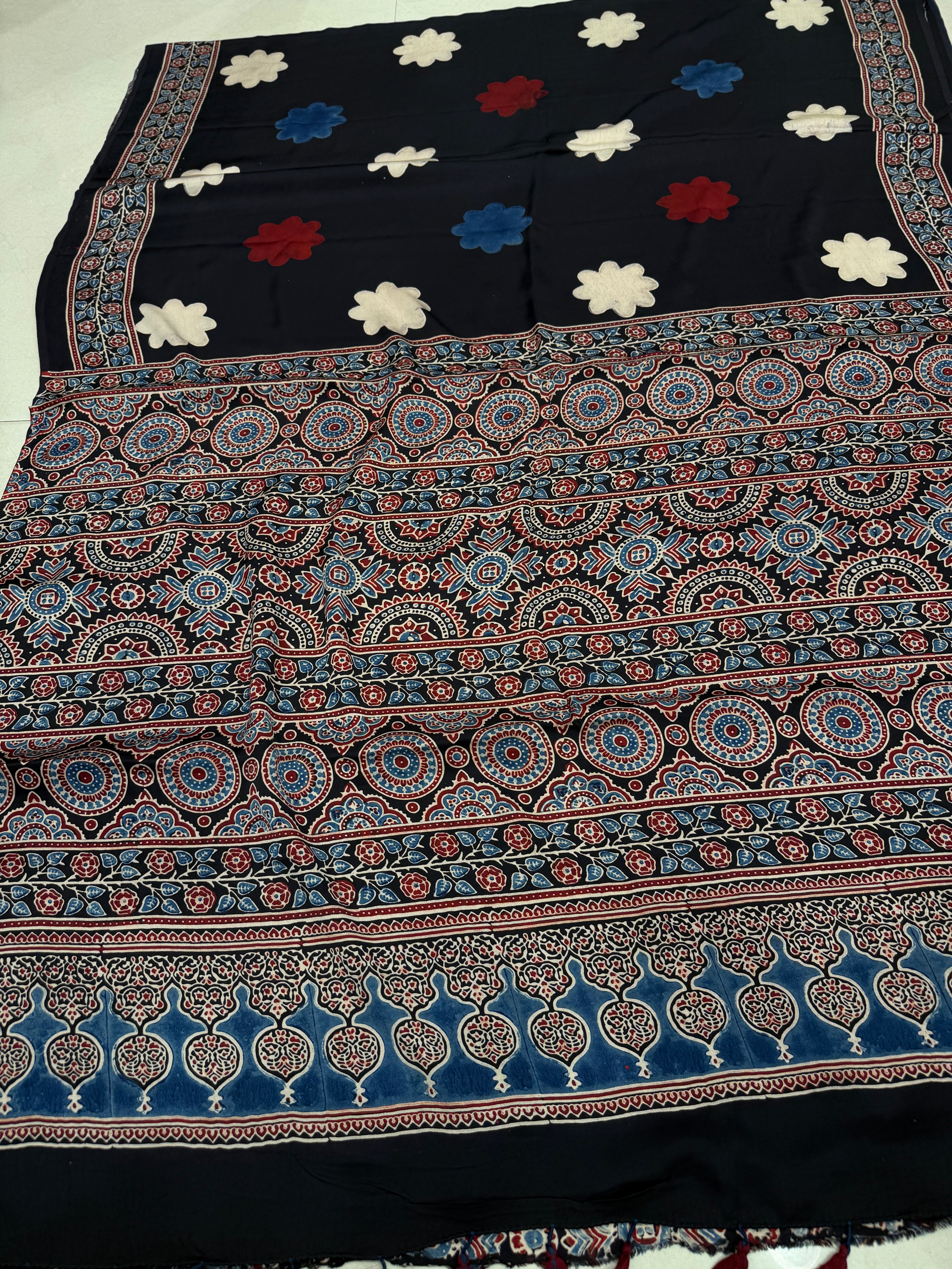 Black Sunflower Butta Ajrakh Block Print Hand Pure Gajji Silk Saree