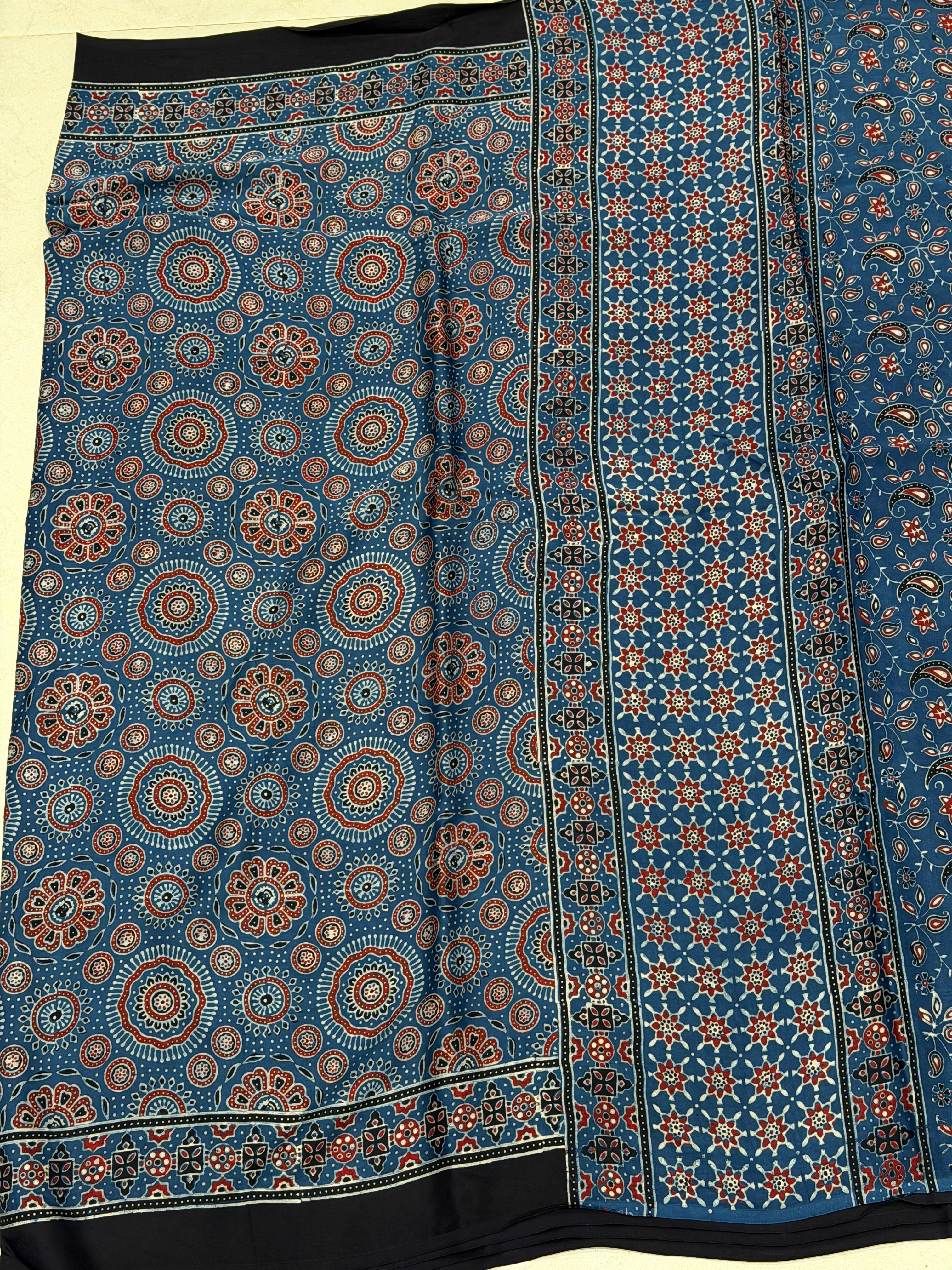 Blue Circles Ajrakh Hand Block Print Pure Modal Silk Saree