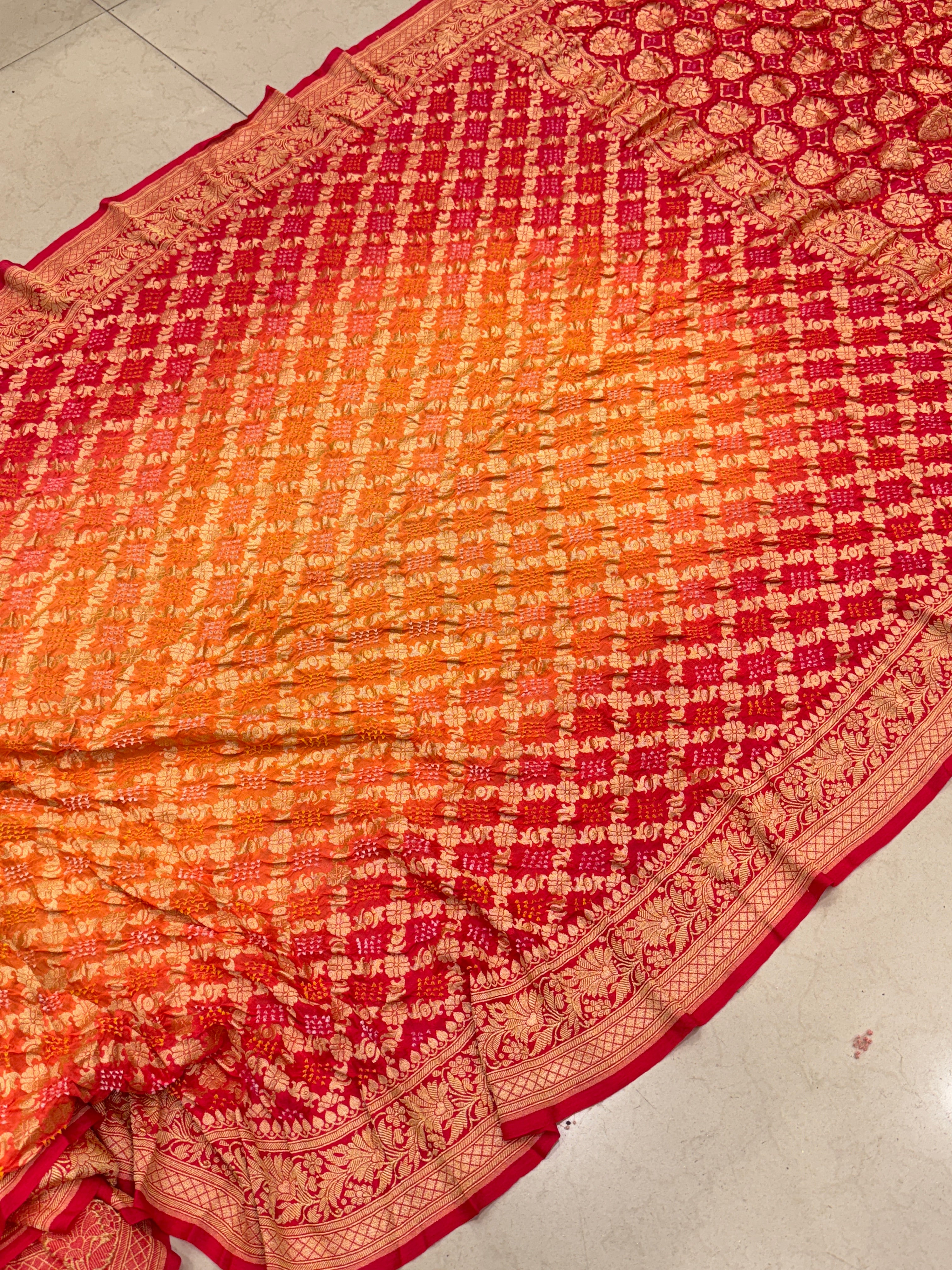 Strawberry Orange Shaded Floral Border Bandhej Bandhini Saree
