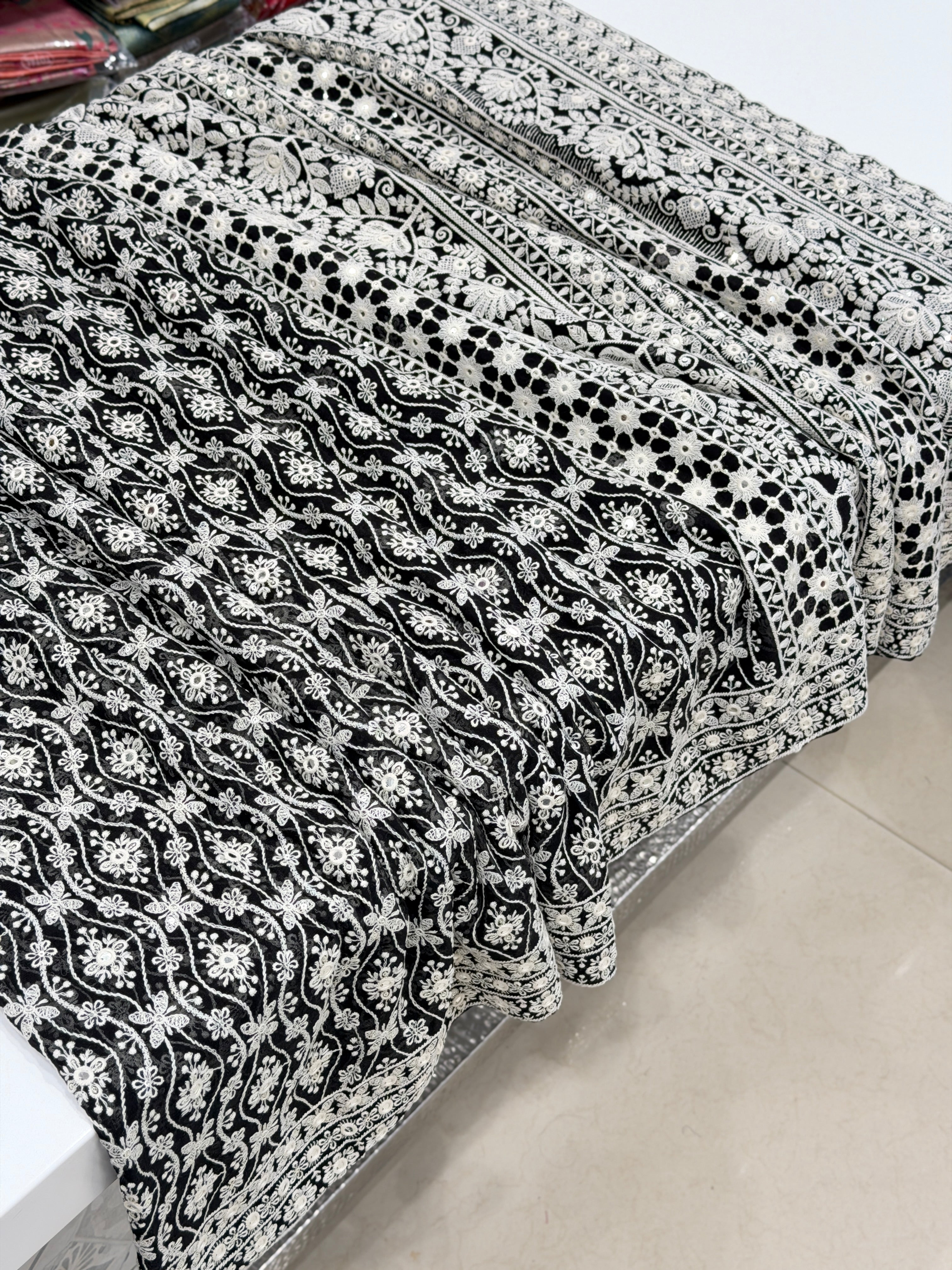 Black Chikankari Georgette Leheriya Jaal Mirror Embroidery Saree